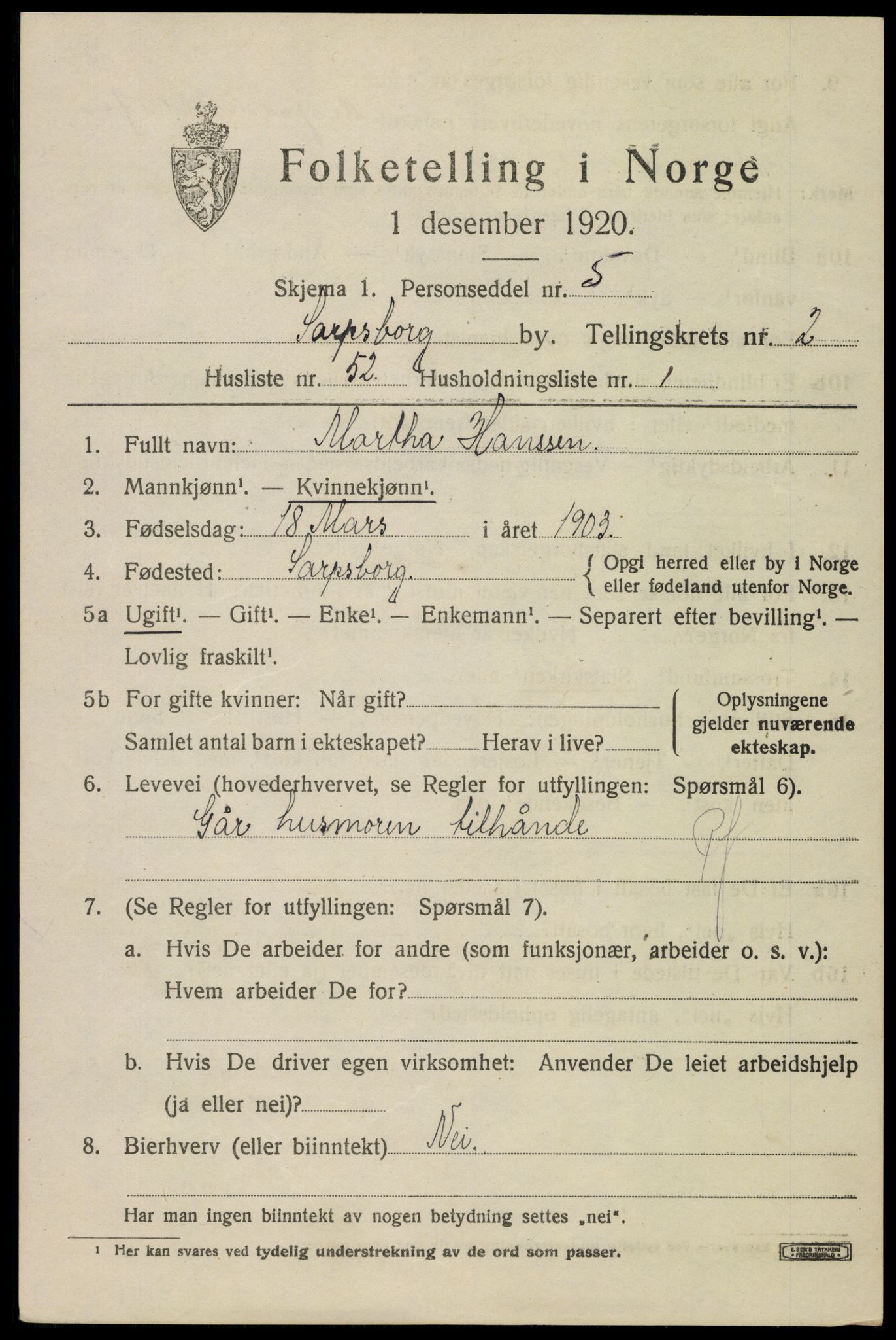 SAO, 1920 census for Sarpsborg, 1920, p. 10258