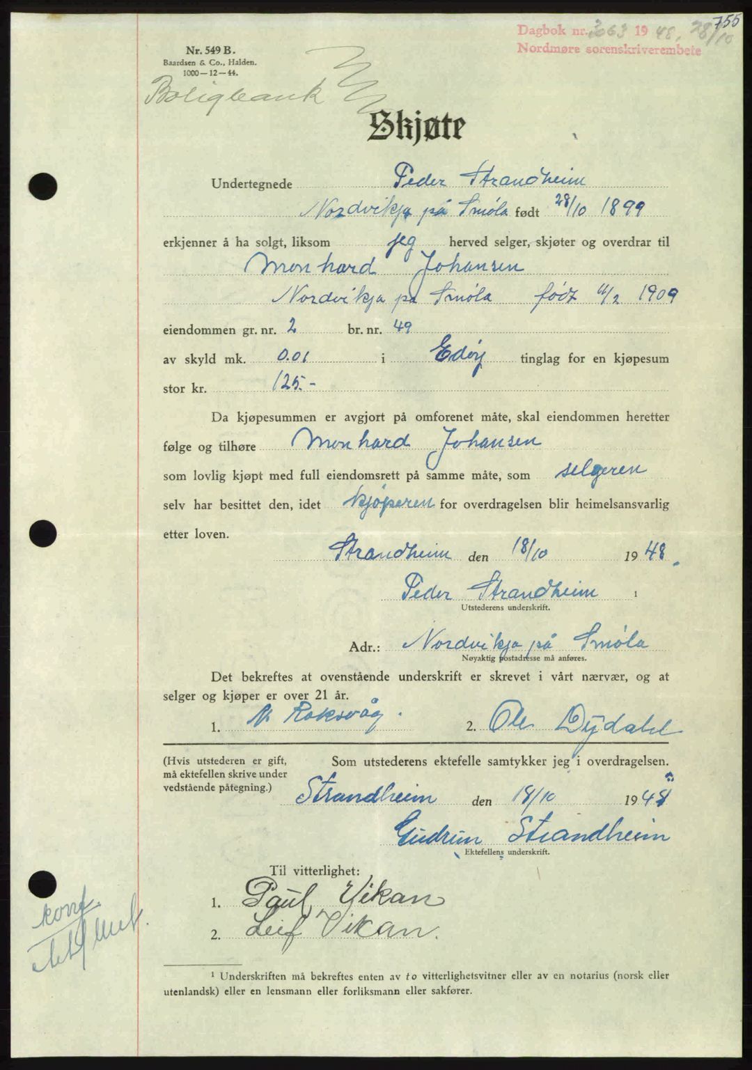 Nordmøre sorenskriveri, AV/SAT-A-4132/1/2/2Ca: Mortgage book no. A109, 1948-1948, Diary no: : 3063/1948