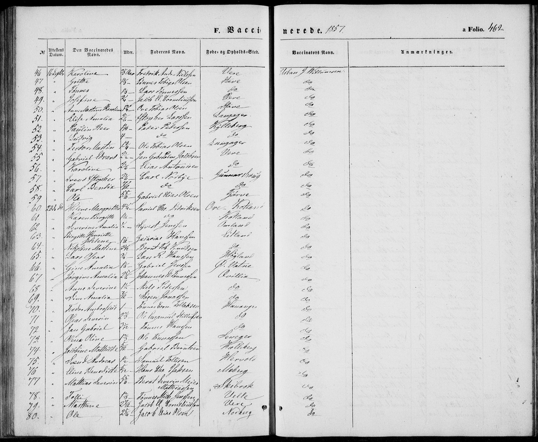 Lista sokneprestkontor, SAK/1111-0027/F/Fb/L0002: Parish register (copy) no. B 2, 1847-1862, p. 462