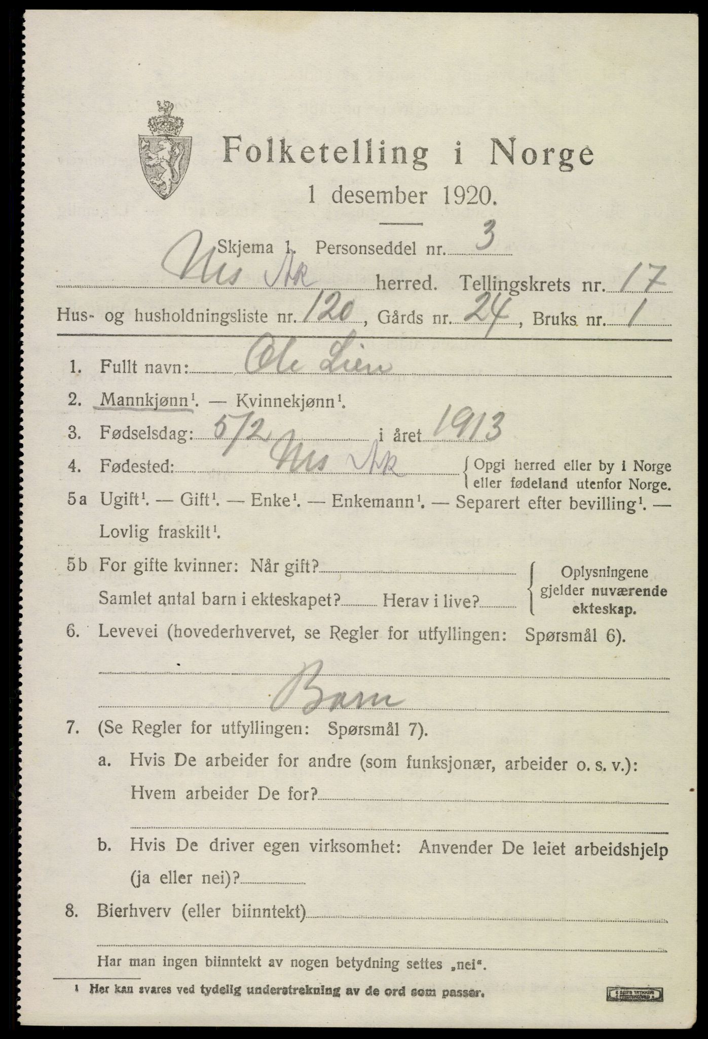 SAO, 1920 census for Nes, 1920, p. 17752