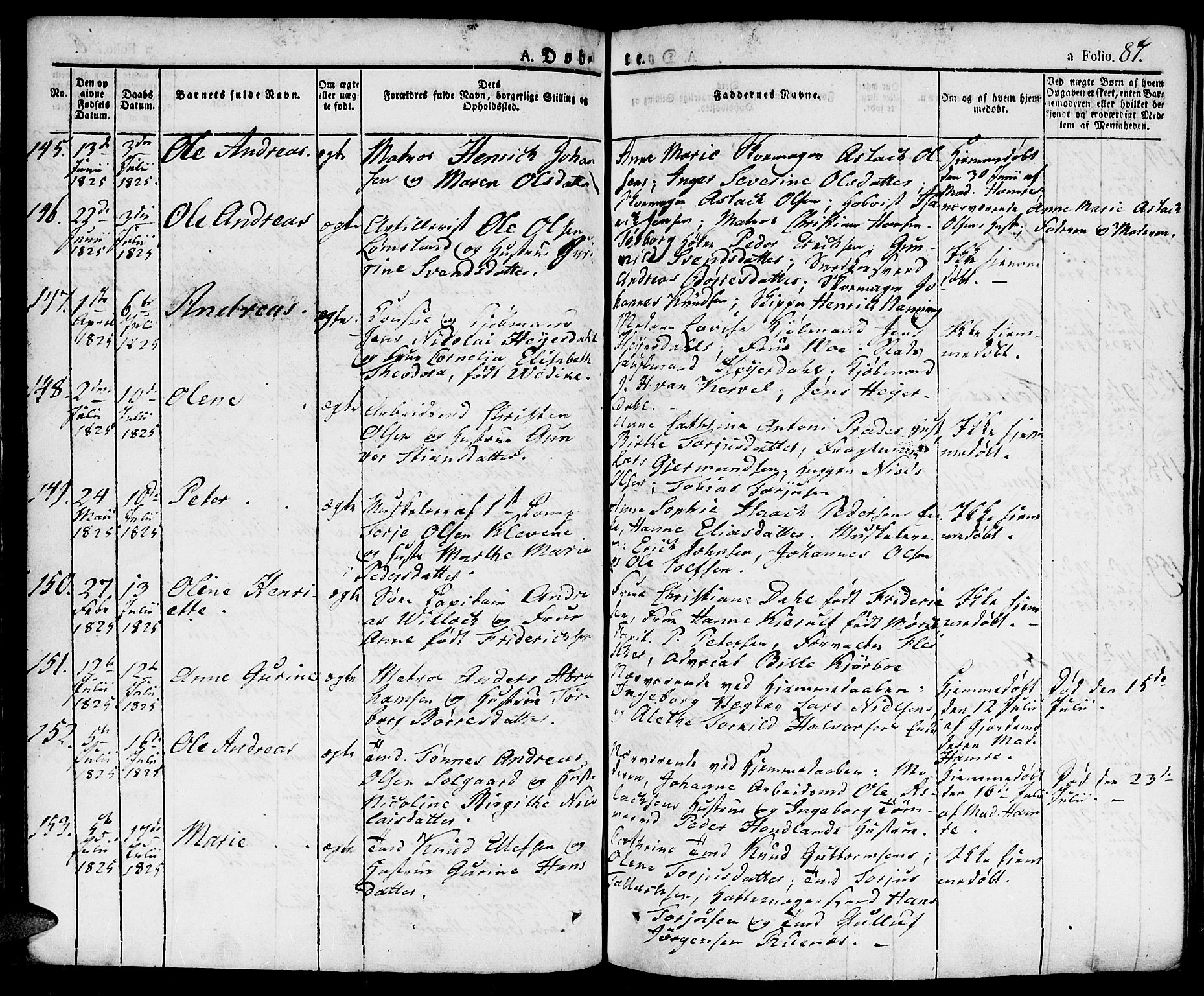 Kristiansand domprosti, AV/SAK-1112-0006/F/Fa/L0009: Parish register (official) no. A 9, 1821-1827, p. 87