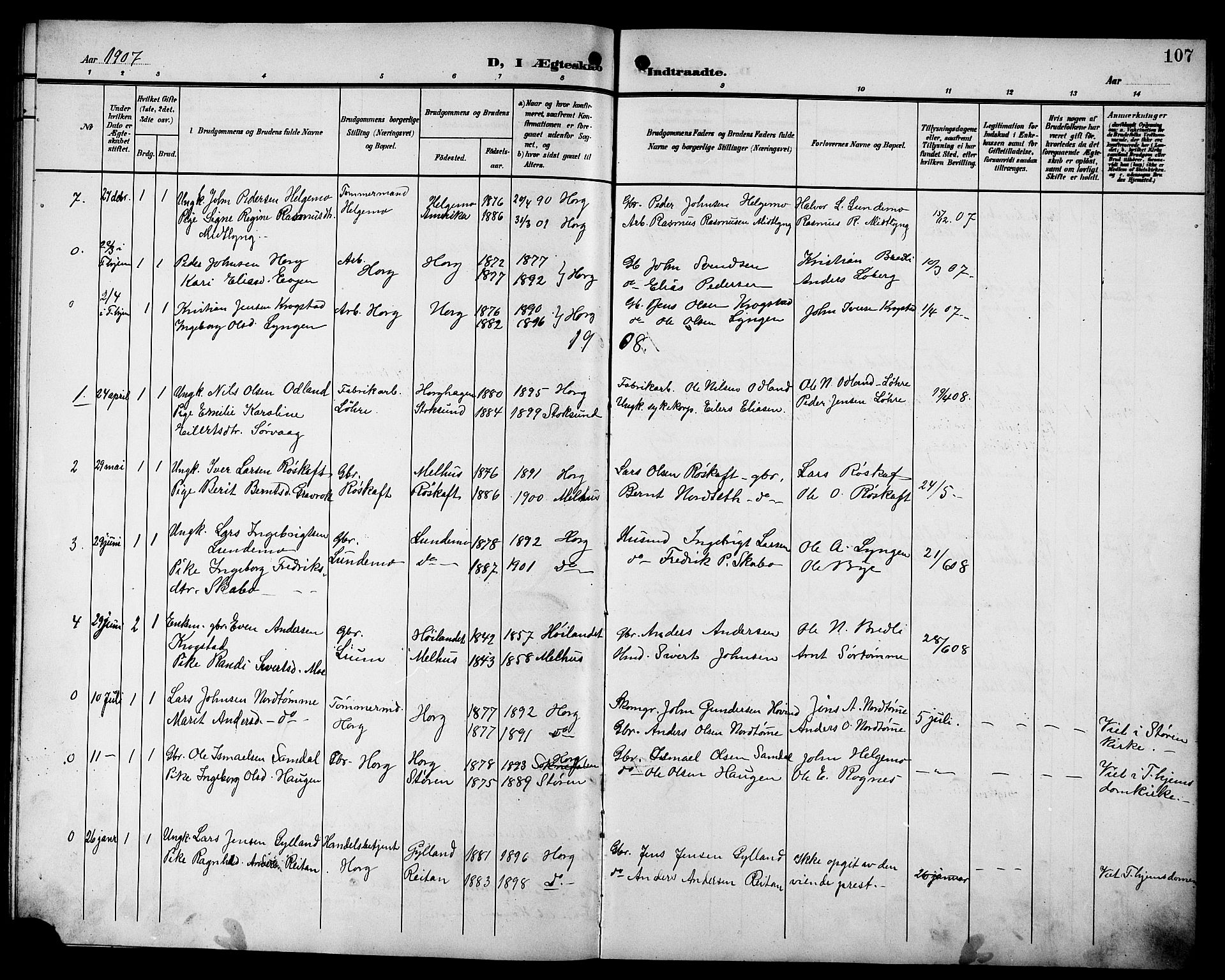 Ministerialprotokoller, klokkerbøker og fødselsregistre - Sør-Trøndelag, SAT/A-1456/692/L1112: Parish register (copy) no. 692C07, 1904-1918, p. 107