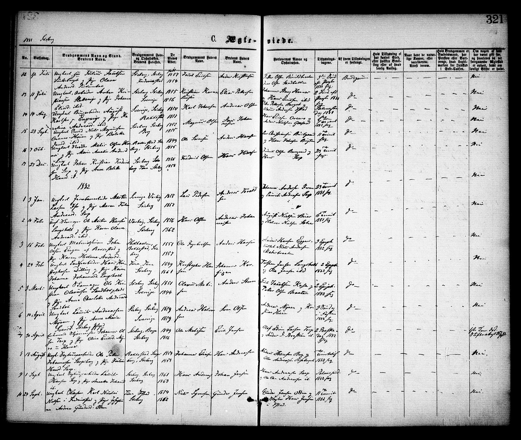 Skjeberg prestekontor Kirkebøker, SAO/A-10923/F/Fa/L0008: Parish register (official) no. I 8, 1869-1885, p. 321