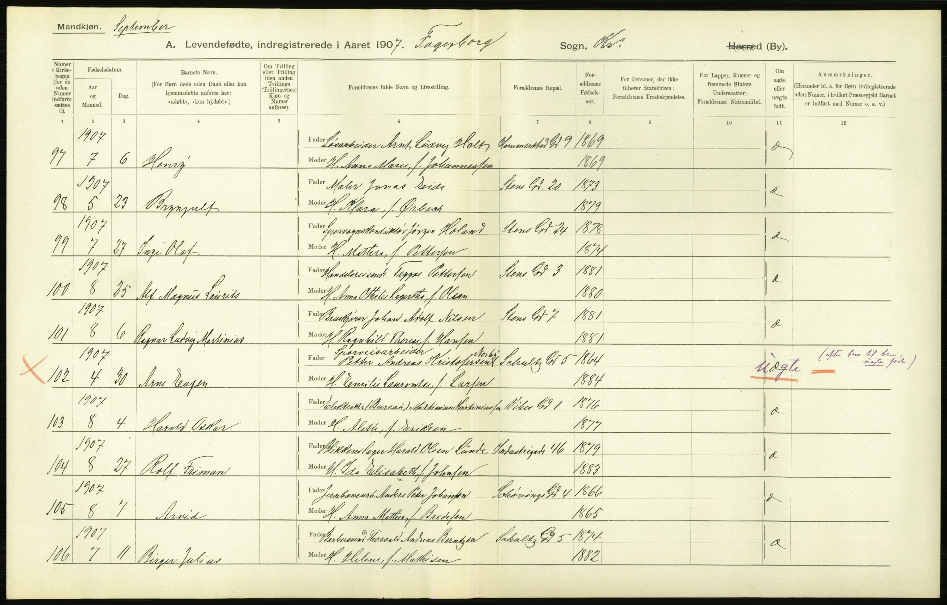 Statistisk sentralbyrå, Sosiodemografiske emner, Befolkning, AV/RA-S-2228/D/Df/Dfa/Dfae/L0006: Kristiania: Levendefødte menn og kvinner., 1907, p. 142