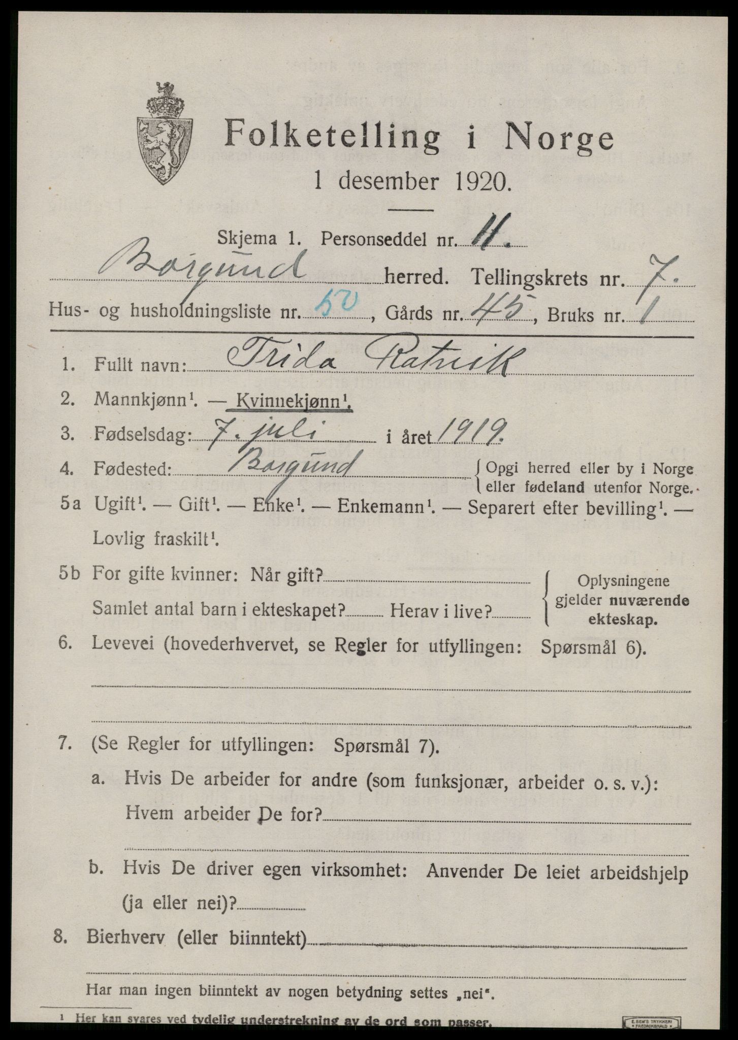 SAT, 1920 census for Borgund, 1920, p. 6672