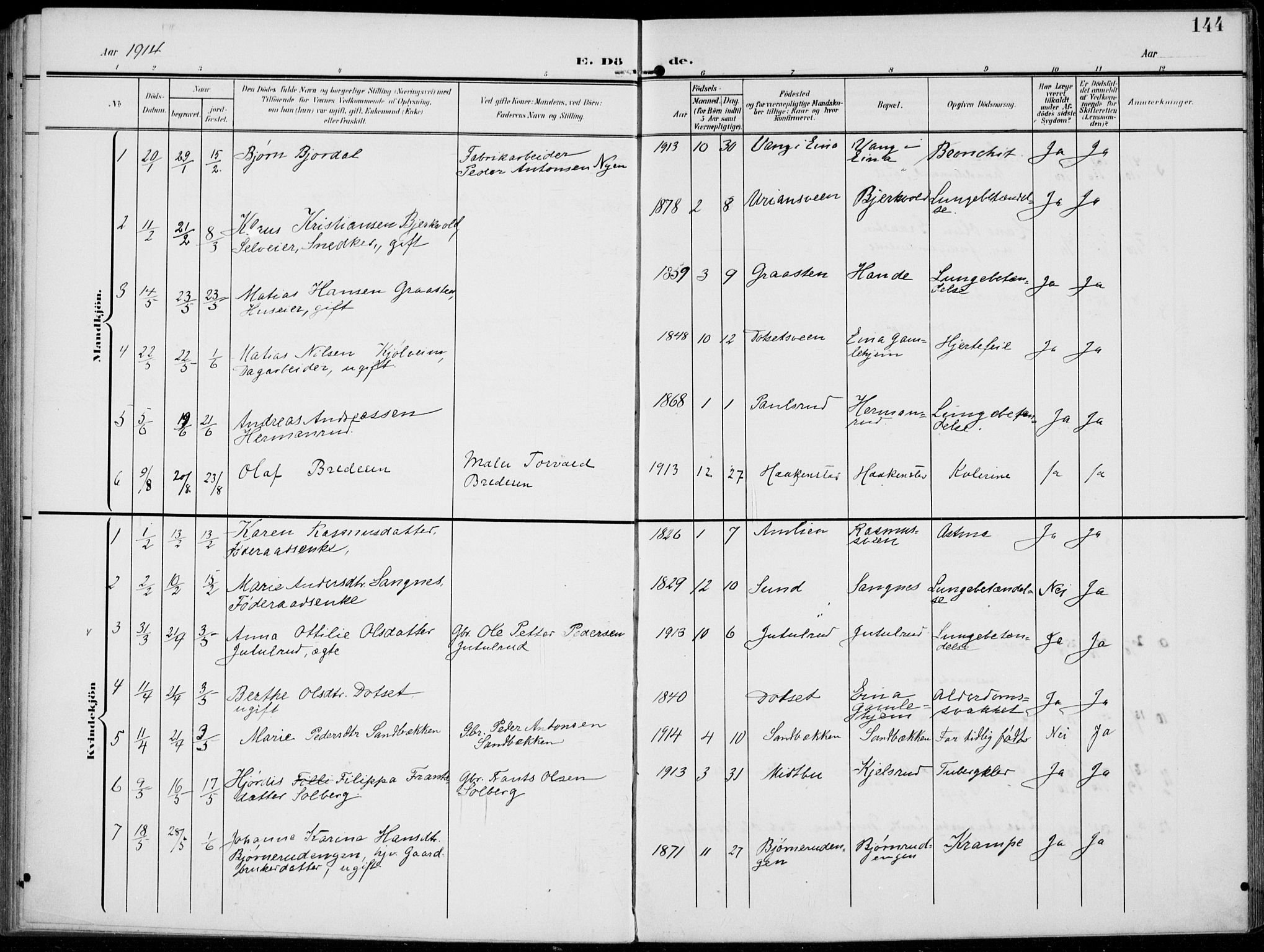 Kolbu prestekontor, SAH/PREST-110/H/Ha/Haa/L0001: Parish register (official) no. 1, 1907-1923, p. 144