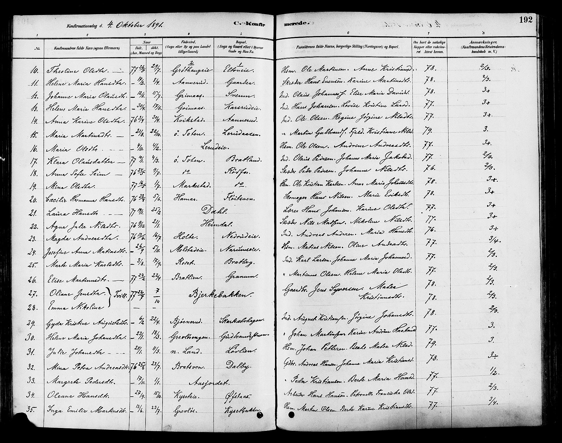 Vestre Toten prestekontor, SAH/PREST-108/H/Ha/Haa/L0009: Parish register (official) no. 9, 1878-1894, p. 192