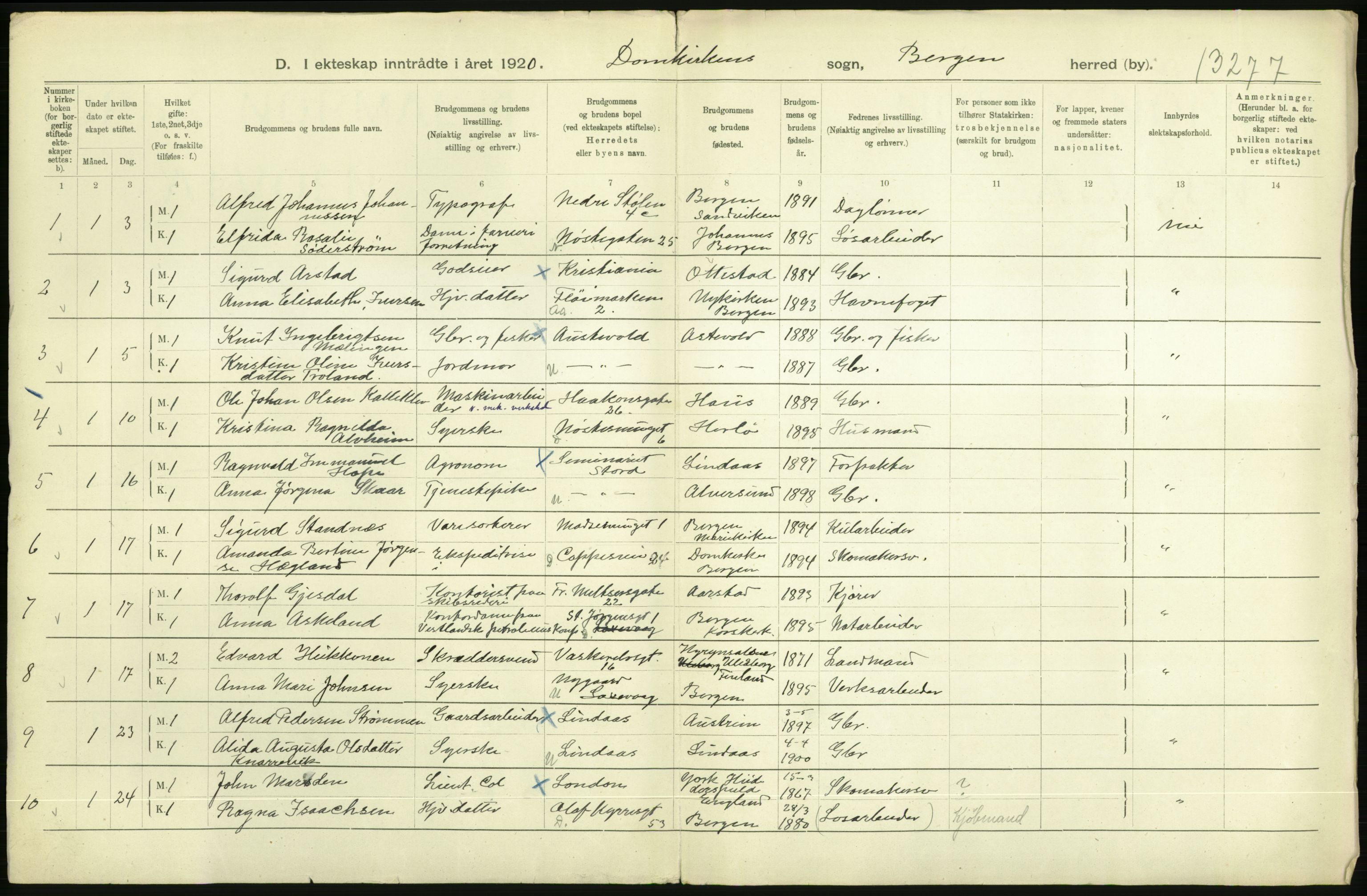 Statistisk sentralbyrå, Sosiodemografiske emner, Befolkning, AV/RA-S-2228/D/Df/Dfb/Dfbj/L0042: Bergen: Gifte, døde, dødfødte., 1920, p. 260