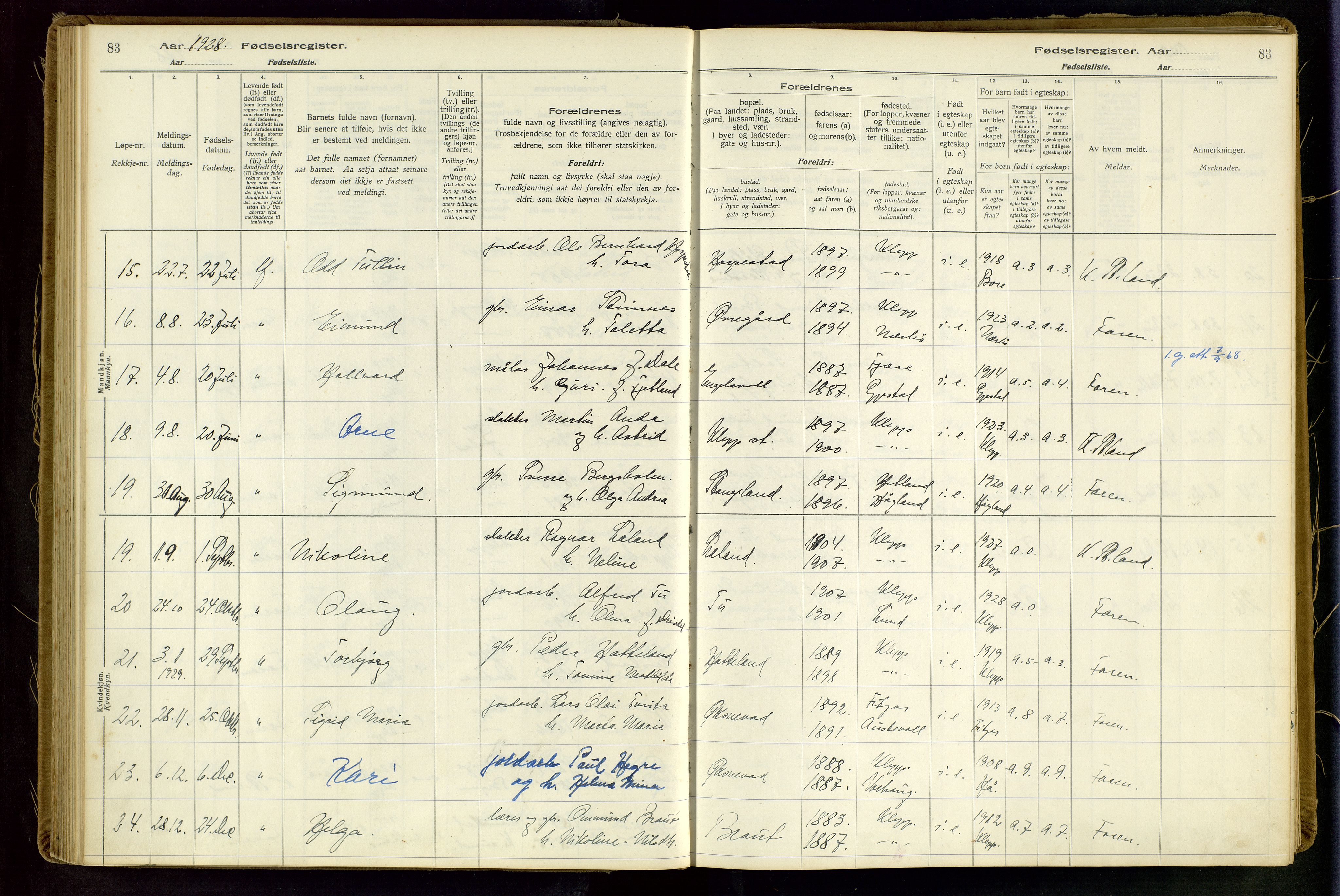 Klepp sokneprestkontor, AV/SAST-A-101803/001/704BAA/L0001: Birth register no. 1, 1916-1948, p. 83