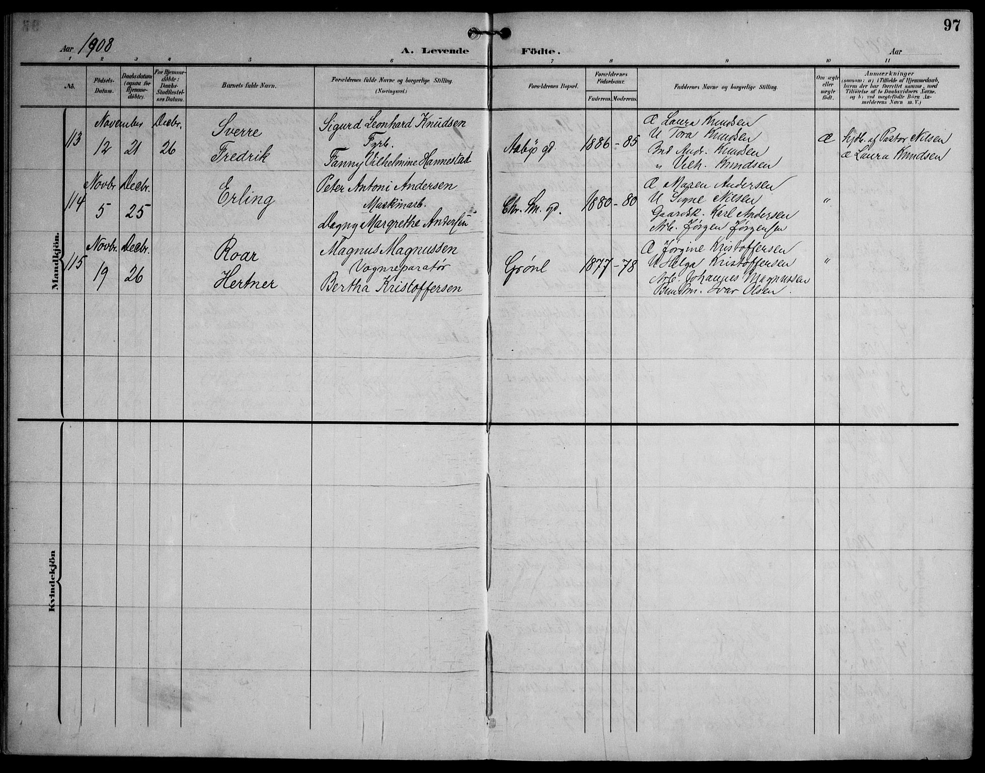 Strømsø kirkebøker, AV/SAKO-A-246/F/Fa/L0026: Parish register (official) no. I 26, 1905-1914, p. 97