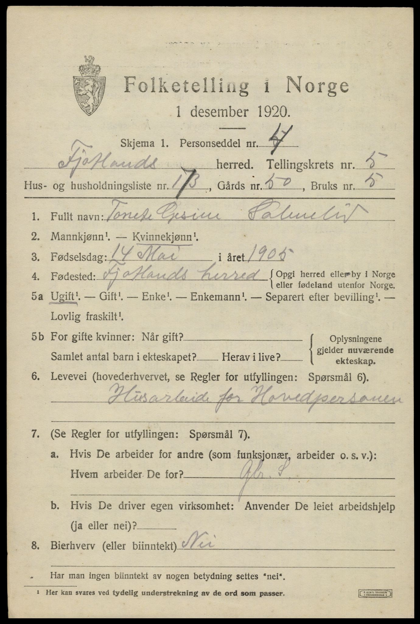 SAK, 1920 census for Fjotland, 1920, p. 1600