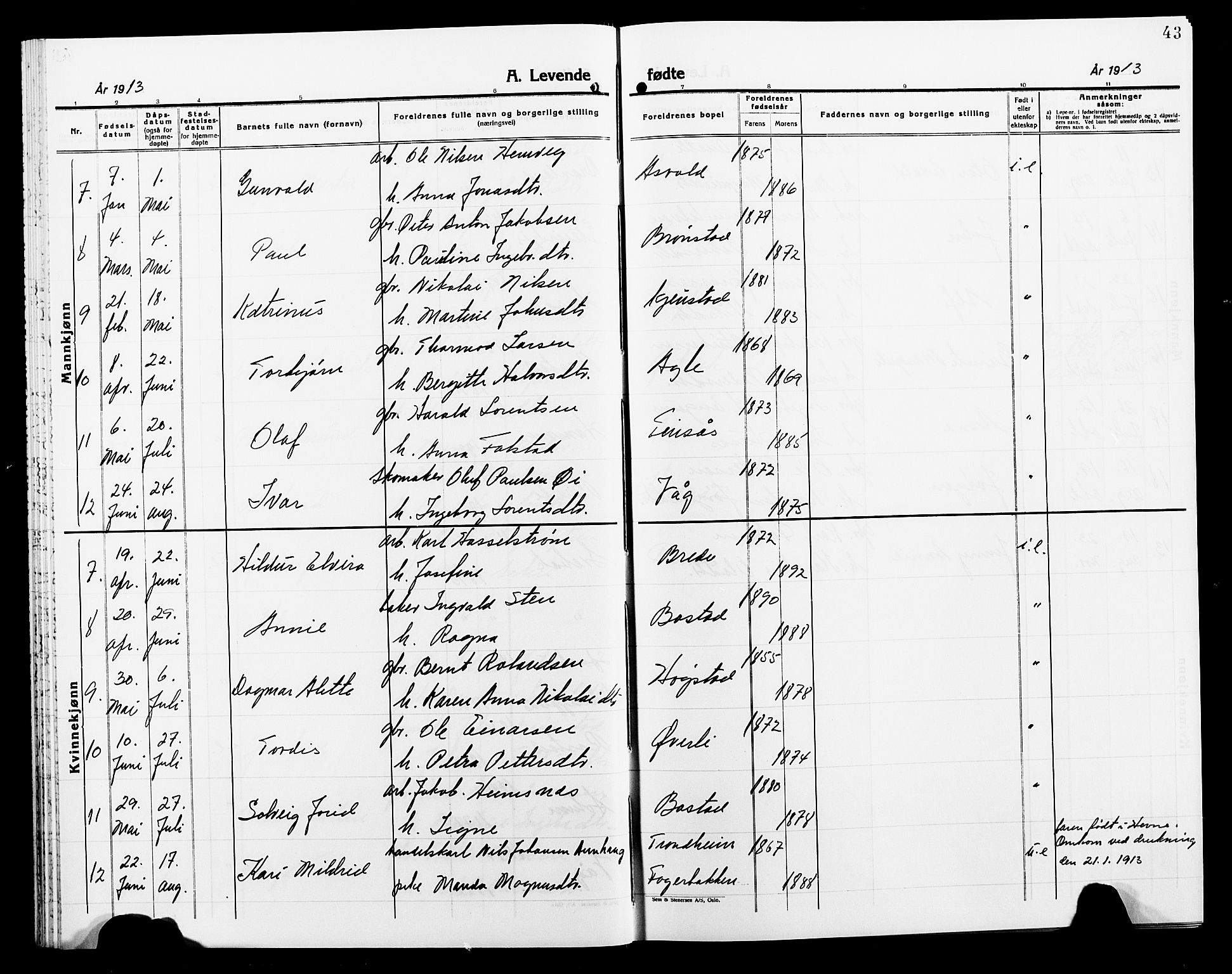 Ministerialprotokoller, klokkerbøker og fødselsregistre - Nord-Trøndelag, SAT/A-1458/749/L0488: Parish register (official) no. 749D04, 1903-1915, p. 43