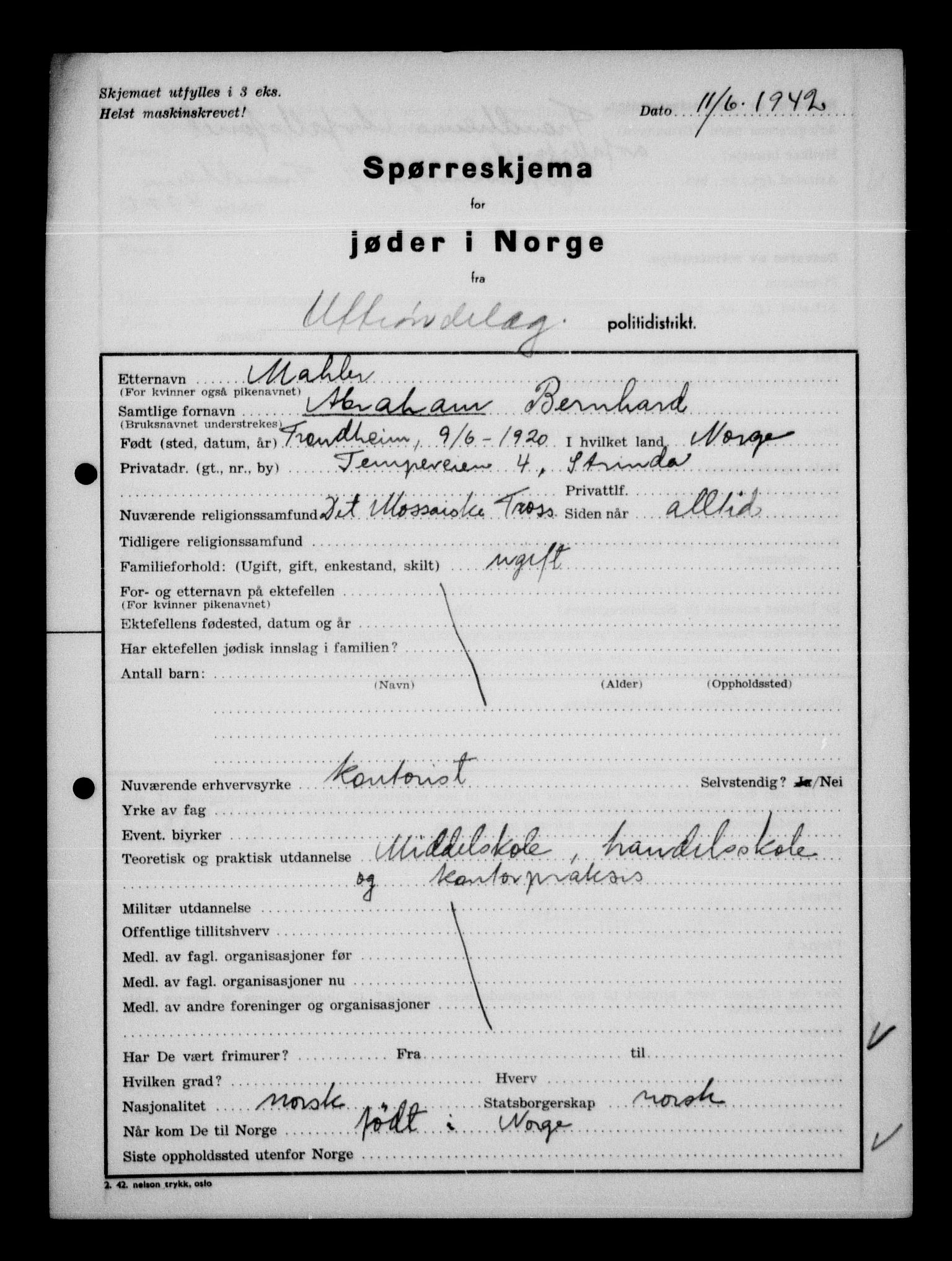 Statspolitiet - Hovedkontoret / Osloavdelingen, AV/RA-S-1329/G/Ga/L0013: Spørreskjema for jøder i Norge. 1: Sandefjord-Trondheim. 2: Tønsberg- Ålesund.  3: Skriv vedr. jøder A-H.  , 1942-1943, p. 609