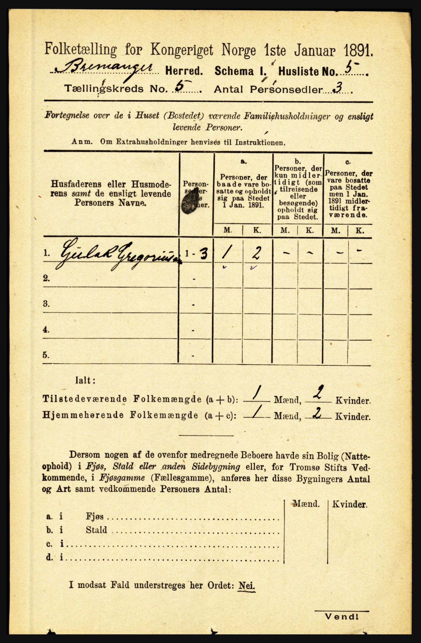 RA, 1891 census for 1438 Bremanger, 1891, p. 1913