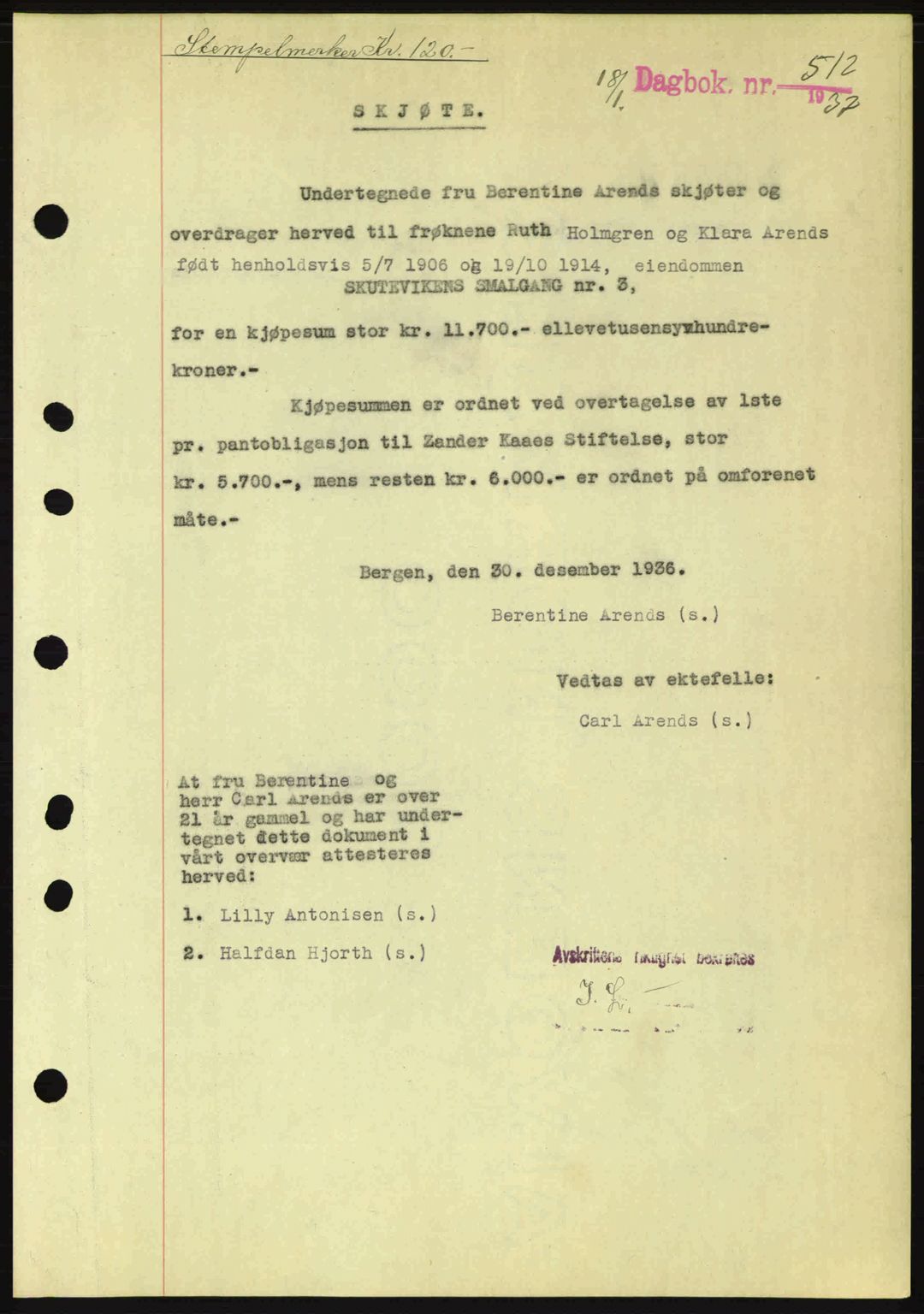 Byfogd og Byskriver i Bergen, AV/SAB-A-3401/03/03Bc/L0004: Mortgage book no. A3-4, 1936-1937, Diary no: : 512/1937