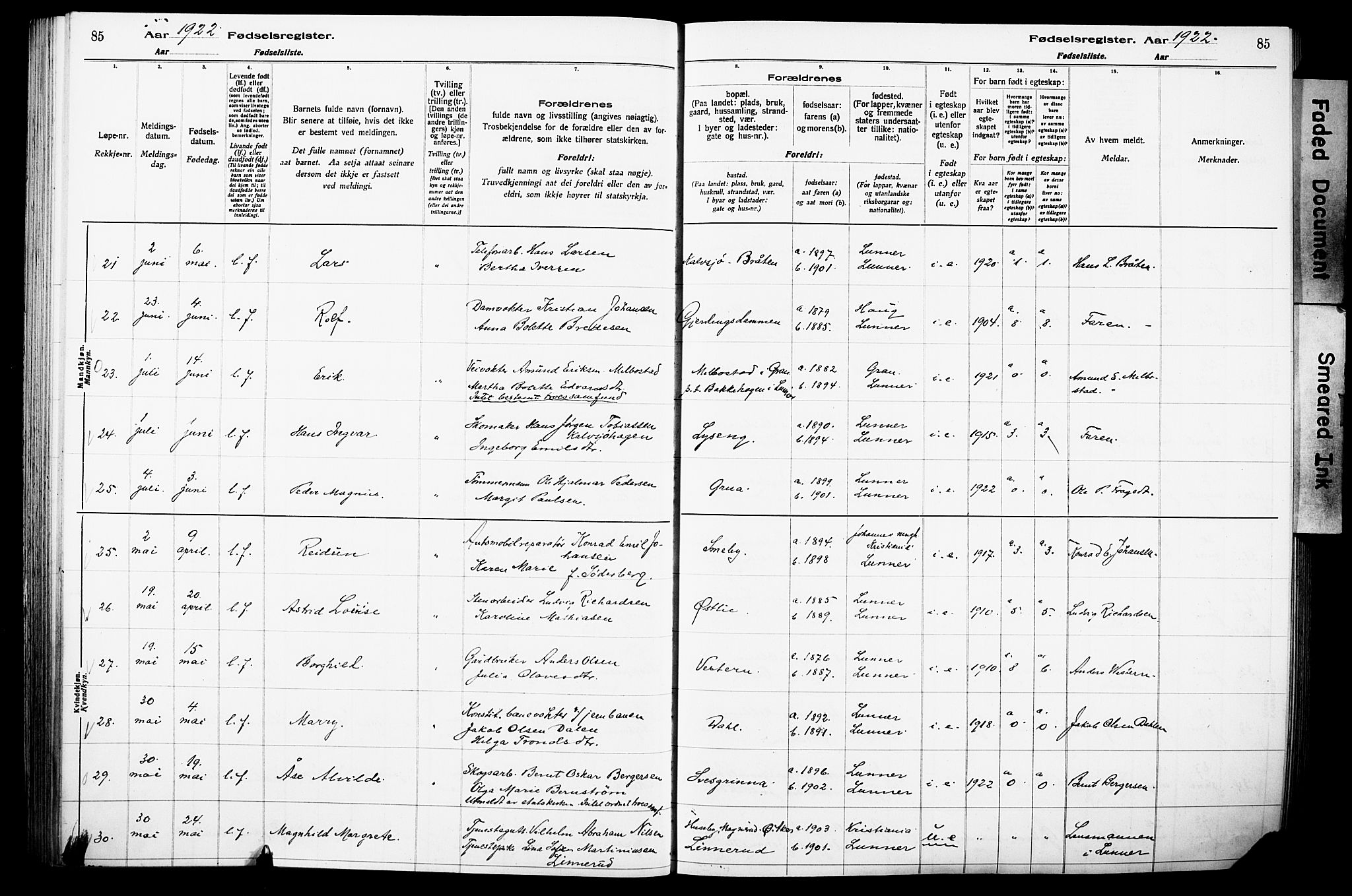 Lunner prestekontor, AV/SAH-PREST-118/I/Id/L0001: Birth register no. 1, 1916-1932, p. 85