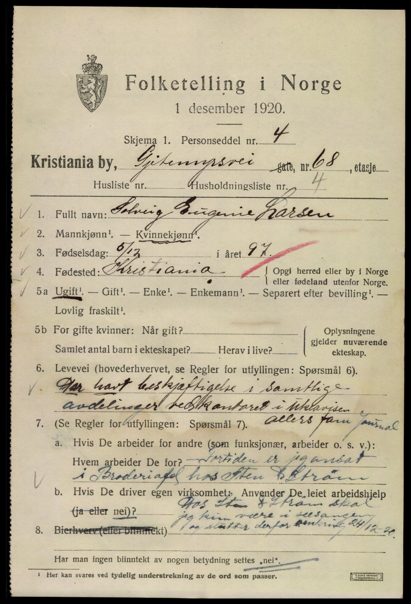 SAO, 1920 census for Kristiania, 1920, p. 250103