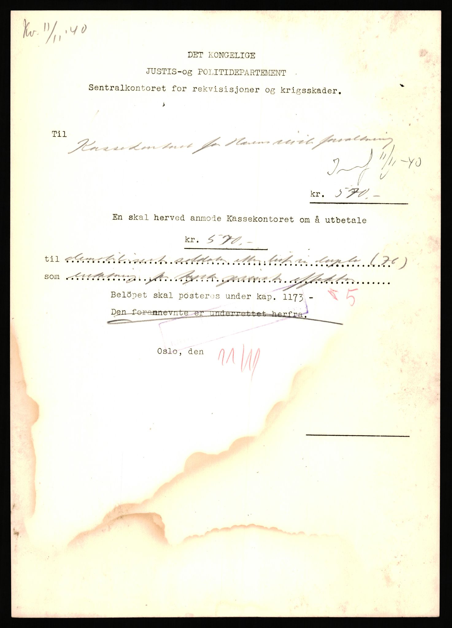 Justisdepartementet, Oppgjørsavdelingen, AV/RA-S-1056/G/Ga/L0012/0001: -- / Anvisningslister for utbetalinger i effektsaker, 1940-1942, p. 675