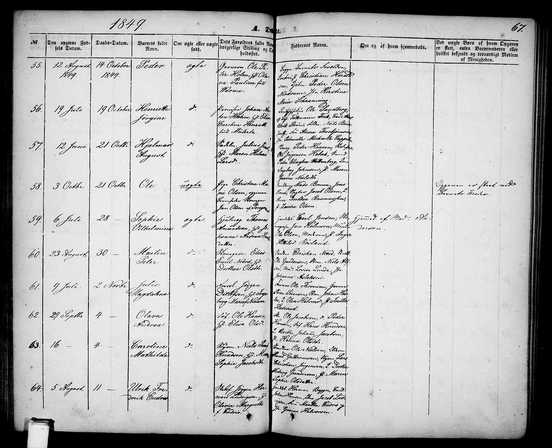 Skien kirkebøker, AV/SAKO-A-302/G/Ga/L0004: Parish register (copy) no. 4, 1843-1867, p. 67