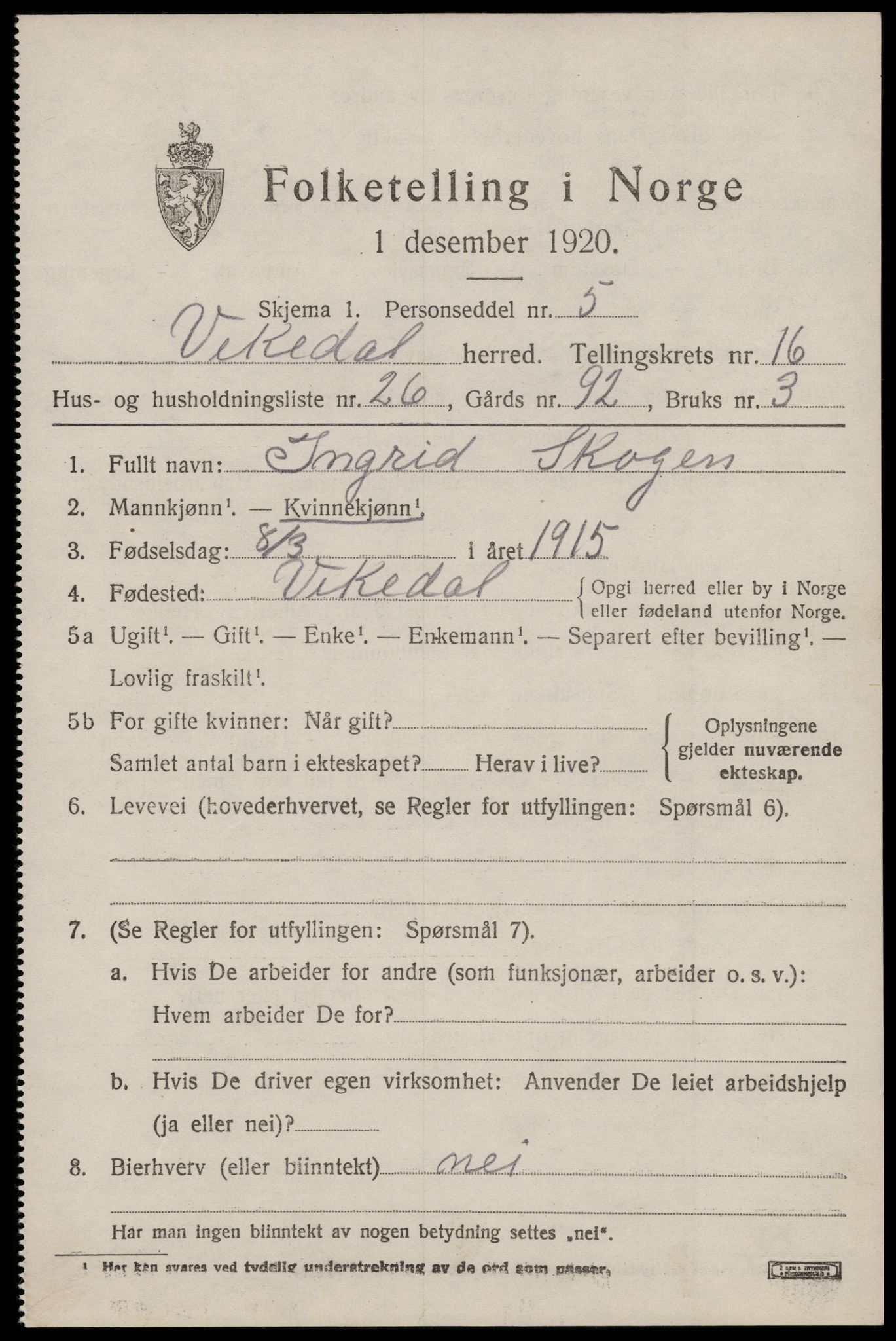 SAST, 1920 census for Vikedal, 1920, p. 5001