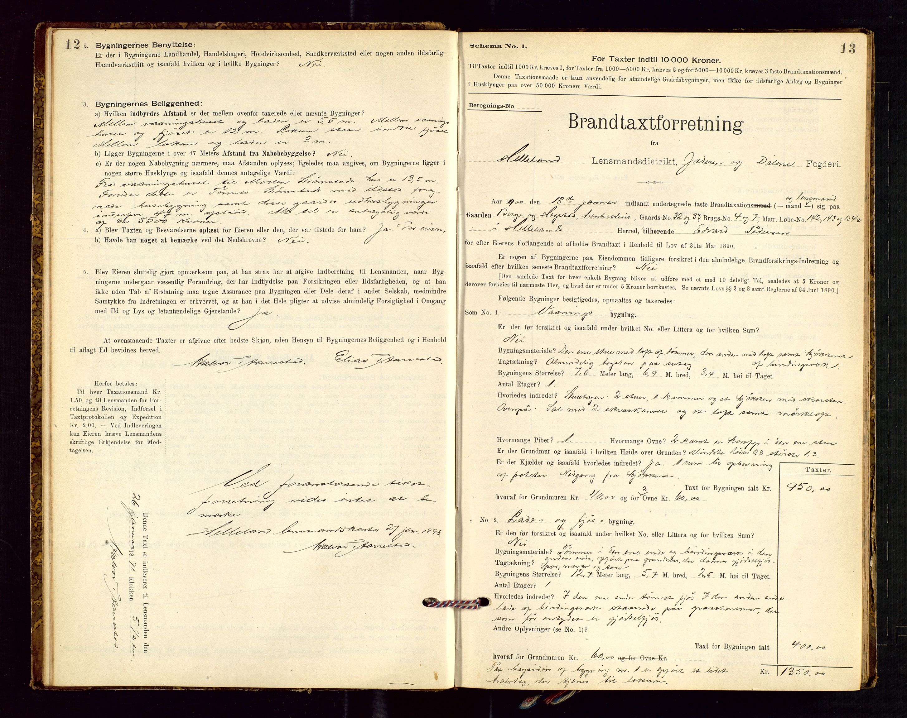 Helleland lensmannskontor, SAST/A-100209/Gob/L0001: "Brandtaxationsprotokol", 1896-1919, p. 12-13