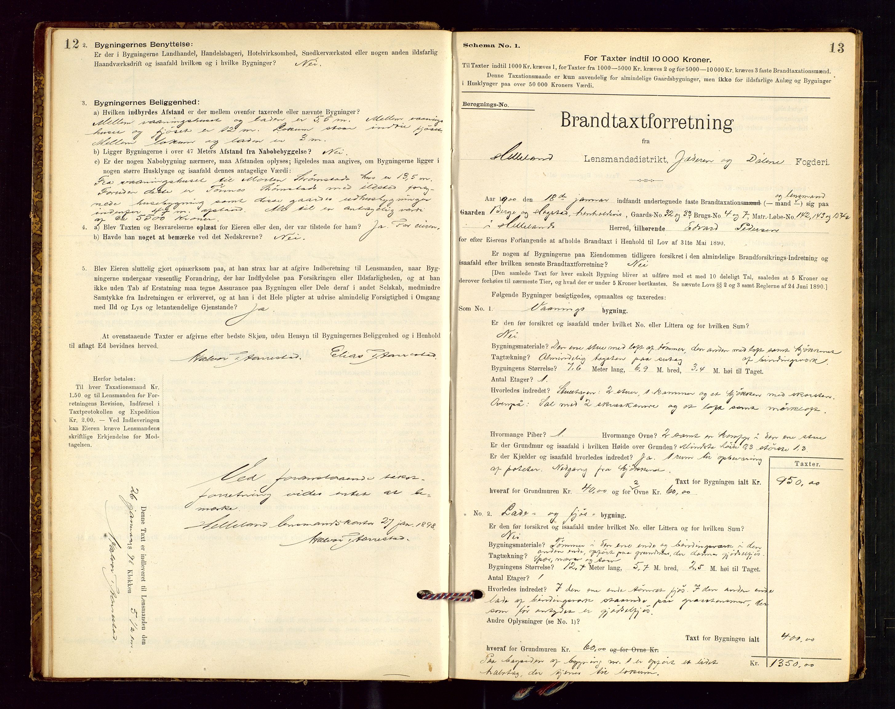 Helleland lensmannskontor, AV/SAST-A-100209/Gob/L0001: "Brandtaxationsprotokol", 1896-1919, p. 12-13