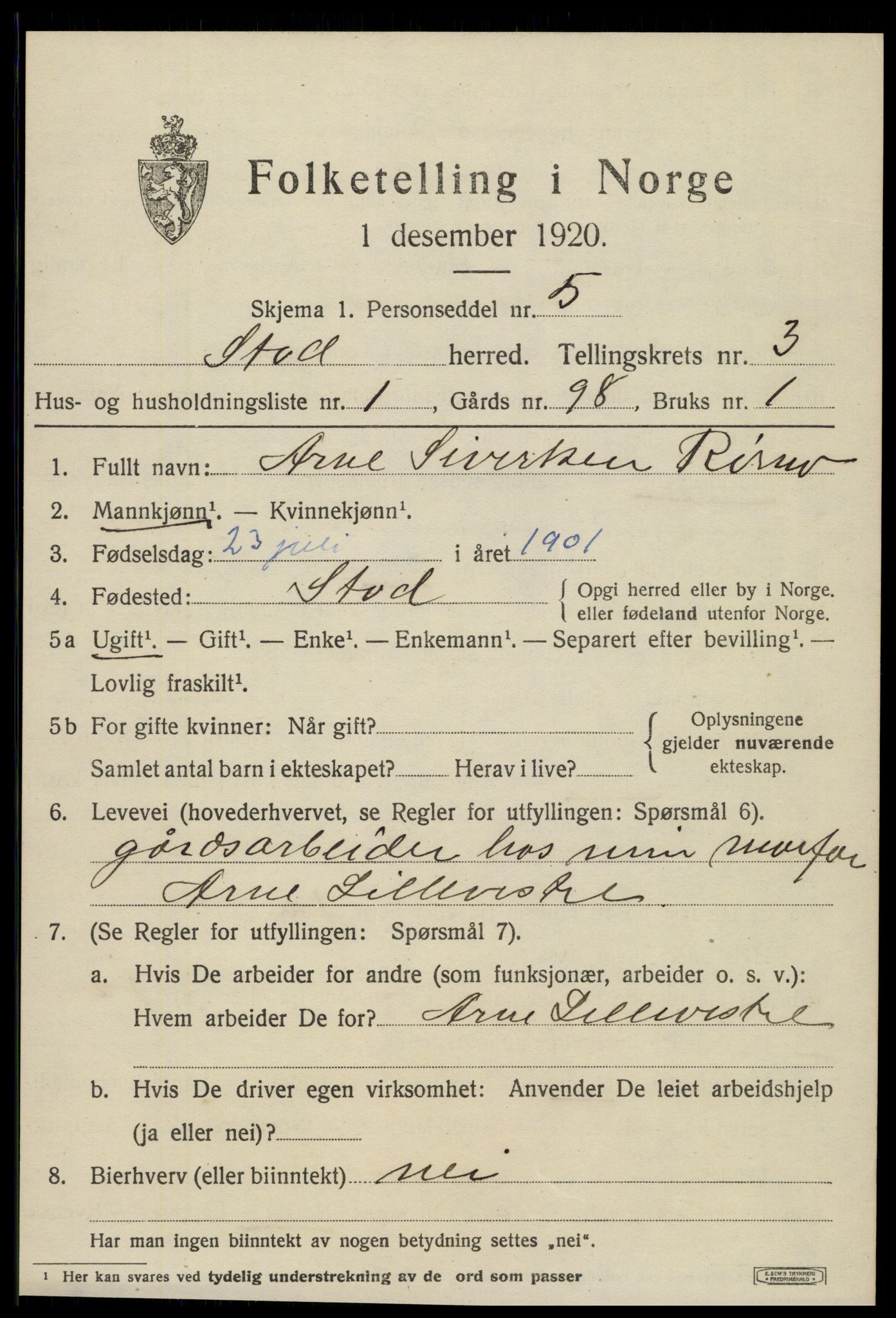 SAT, 1920 census for Stod, 1920, p. 2222