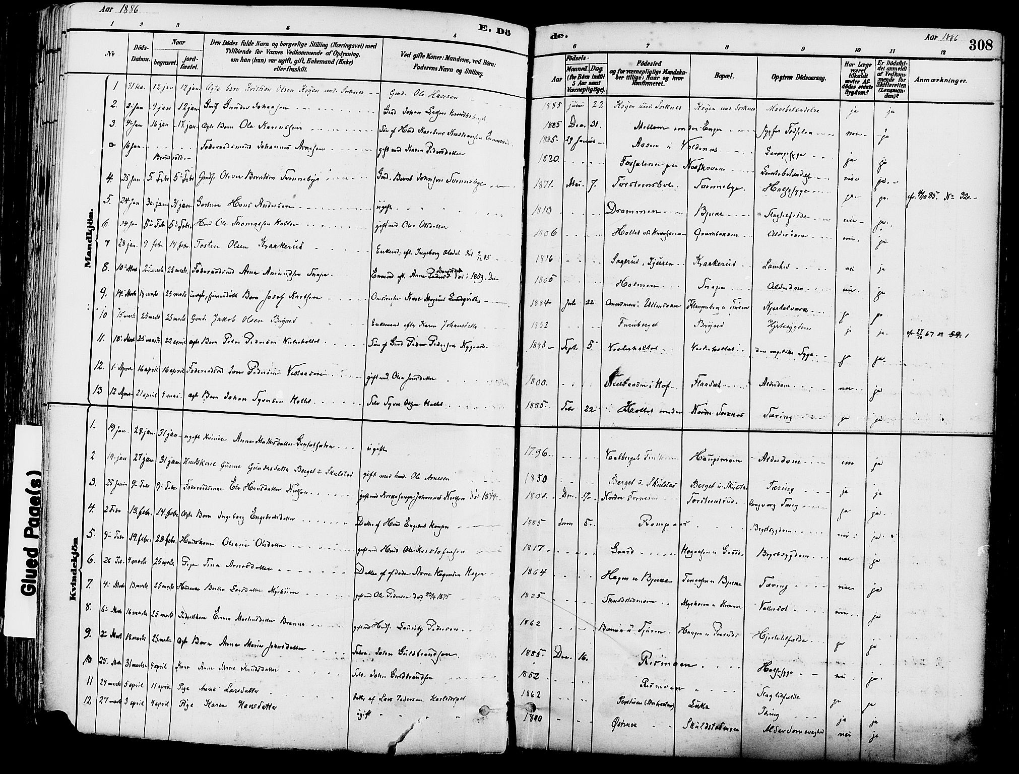 Grue prestekontor, SAH/PREST-036/H/Ha/Haa/L0012: Parish register (official) no. 12, 1881-1897, p. 308