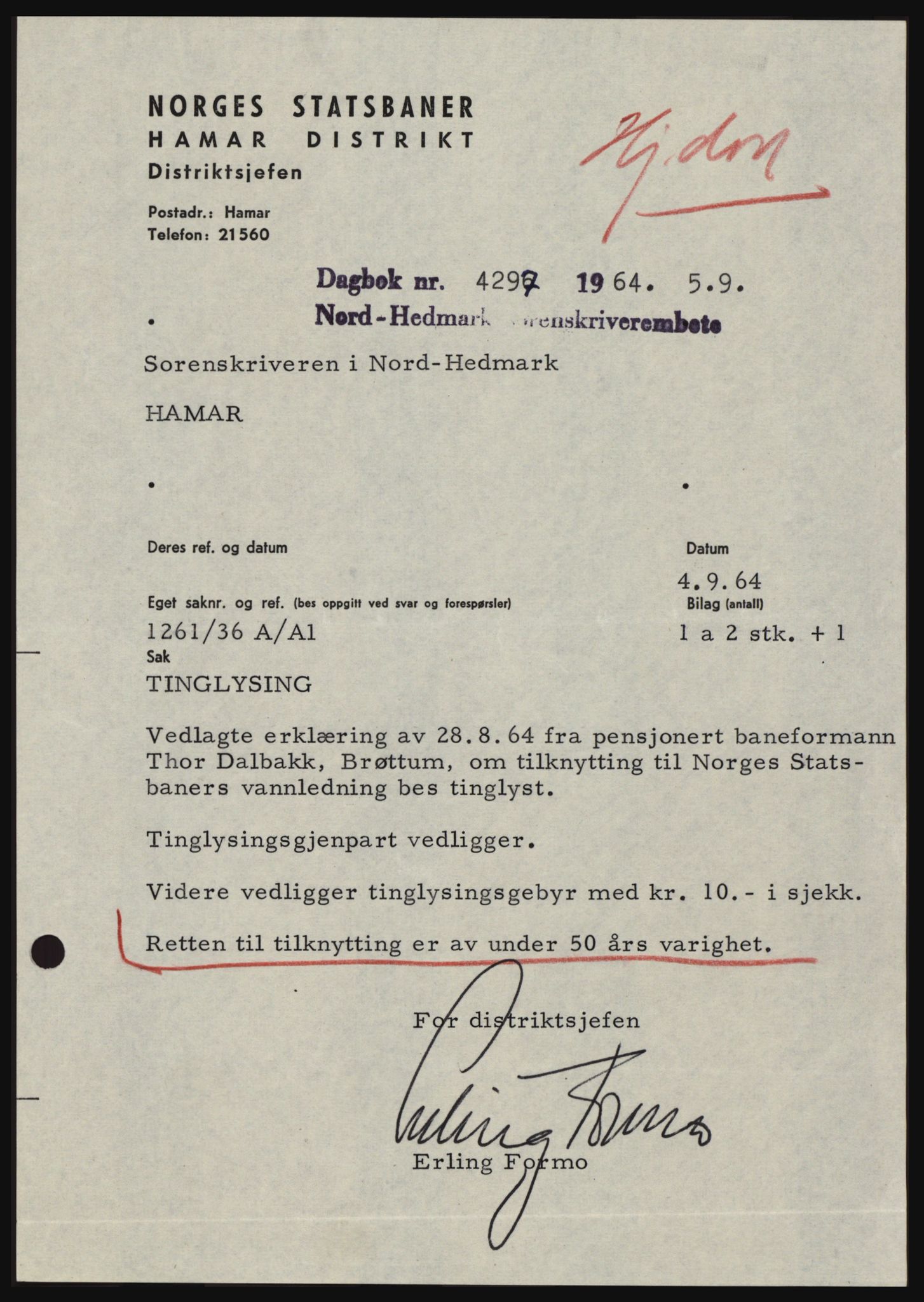 Nord-Hedmark sorenskriveri, SAH/TING-012/H/Hc/L0020: Mortgage book no. 20, 1964-1964, Diary no: : 4297/1964