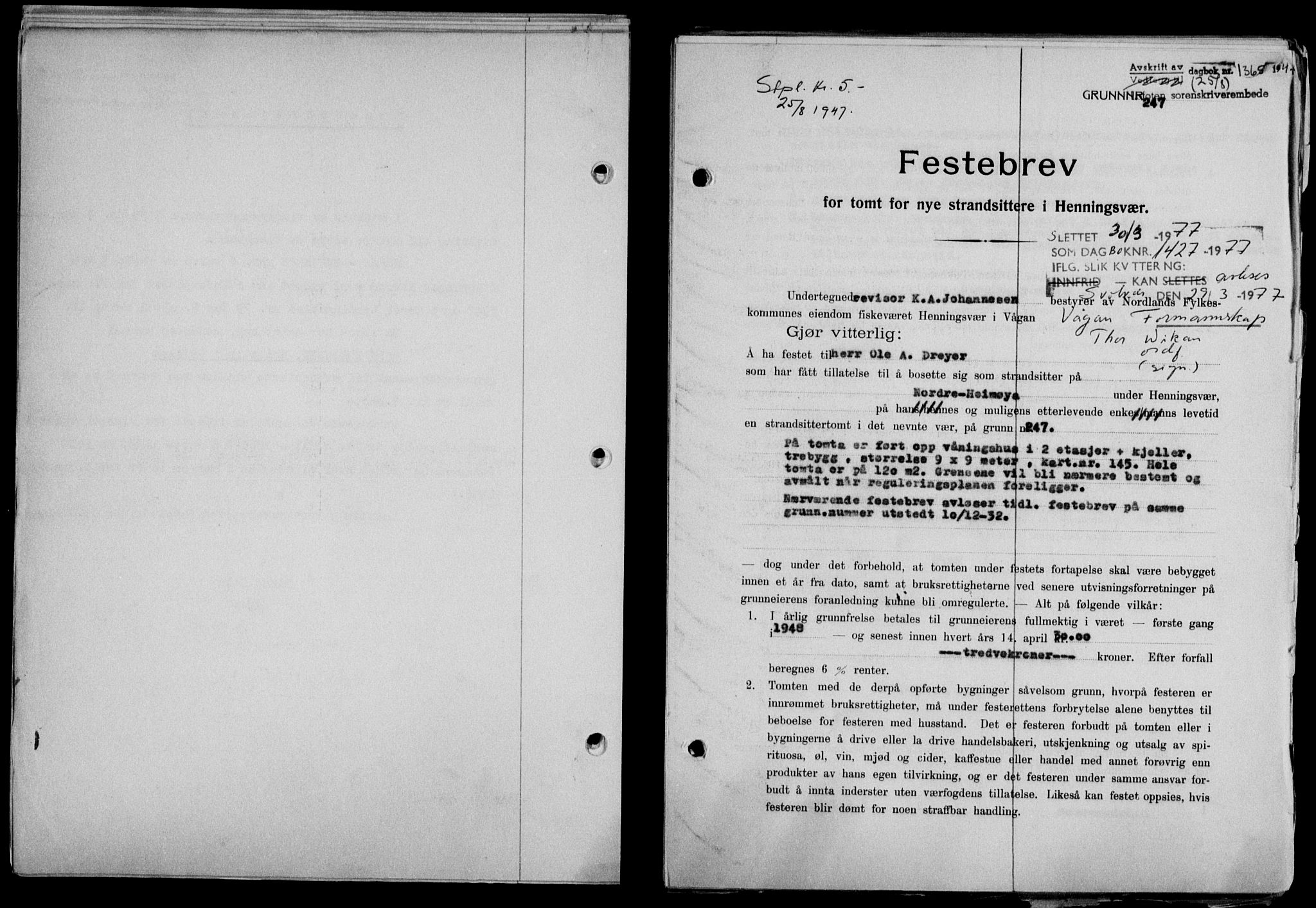 Lofoten sorenskriveri, SAT/A-0017/1/2/2C/L0016a: Mortgage book no. 16a, 1947-1947, Diary no: : 1365/1947