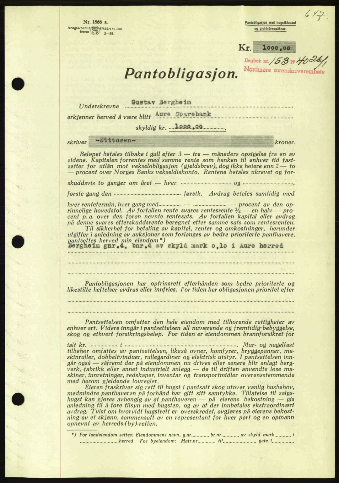 Nordmøre sorenskriveri, AV/SAT-A-4132/1/2/2Ca: Mortgage book no. B86, 1939-1940, Diary no: : 153/1940