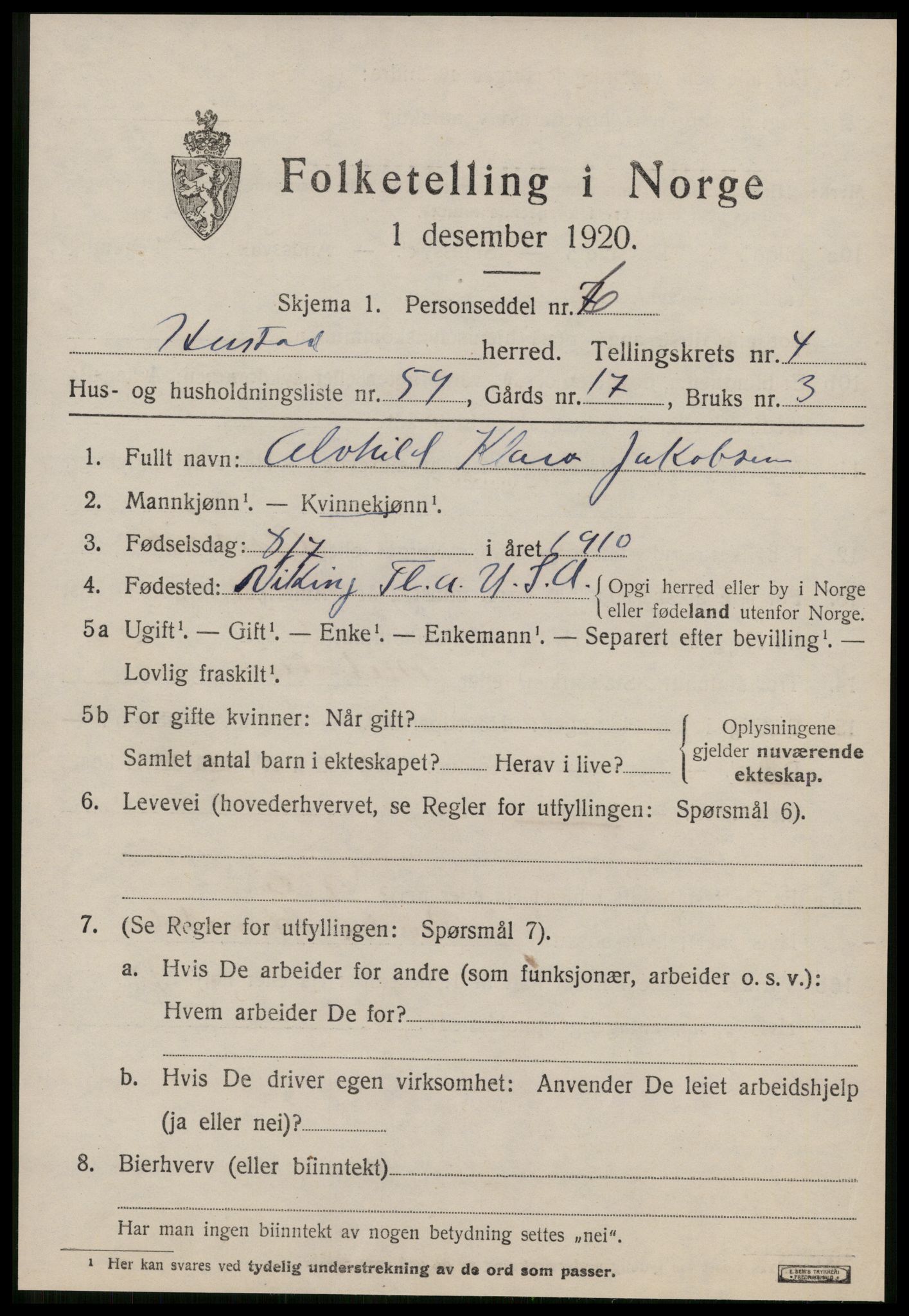 SAT, 1920 census for Hustad, 1920, p. 3581