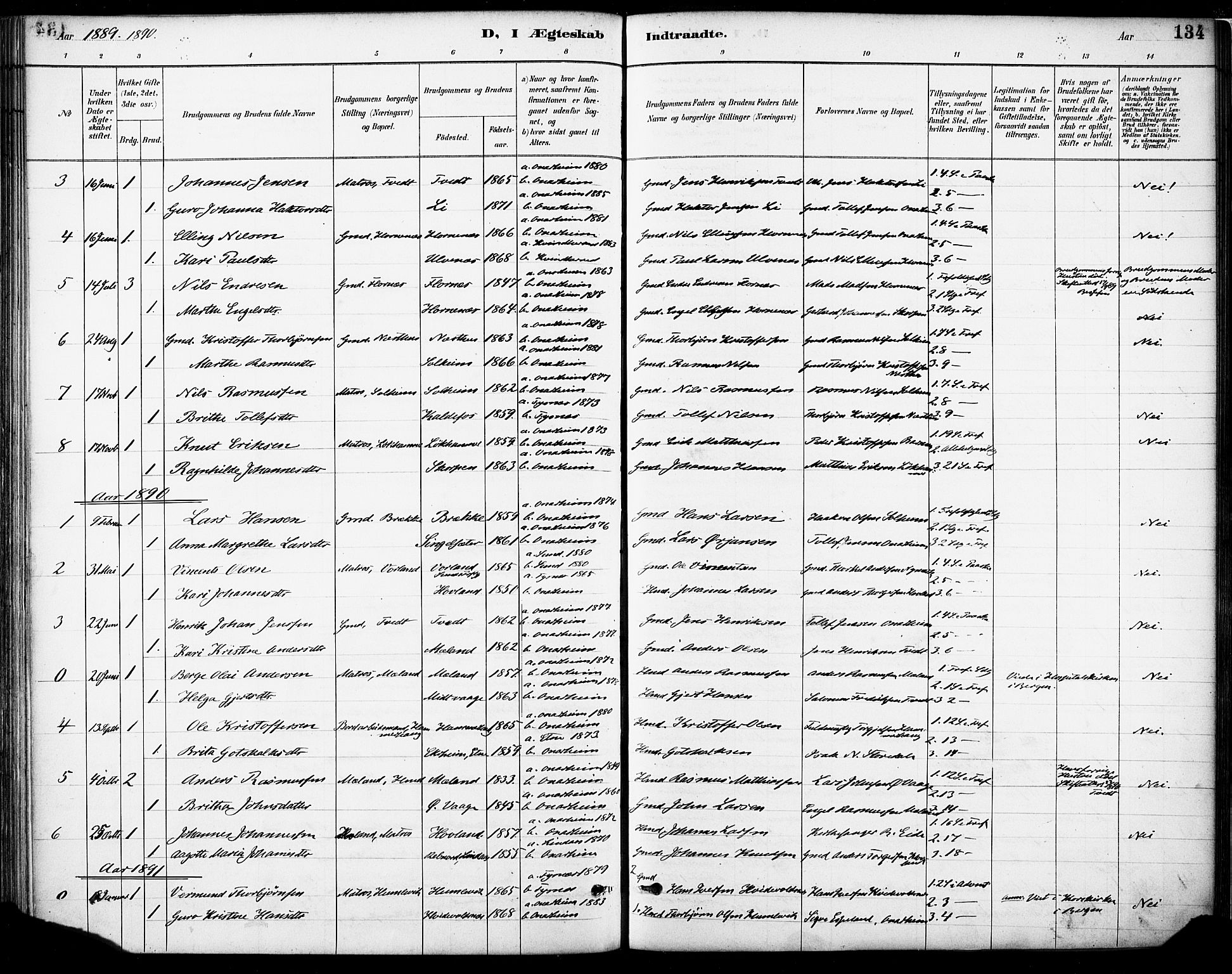 Tysnes sokneprestembete, SAB/A-78601/H/Haa: Parish register (official) no. C 1, 1887-1912, p. 134