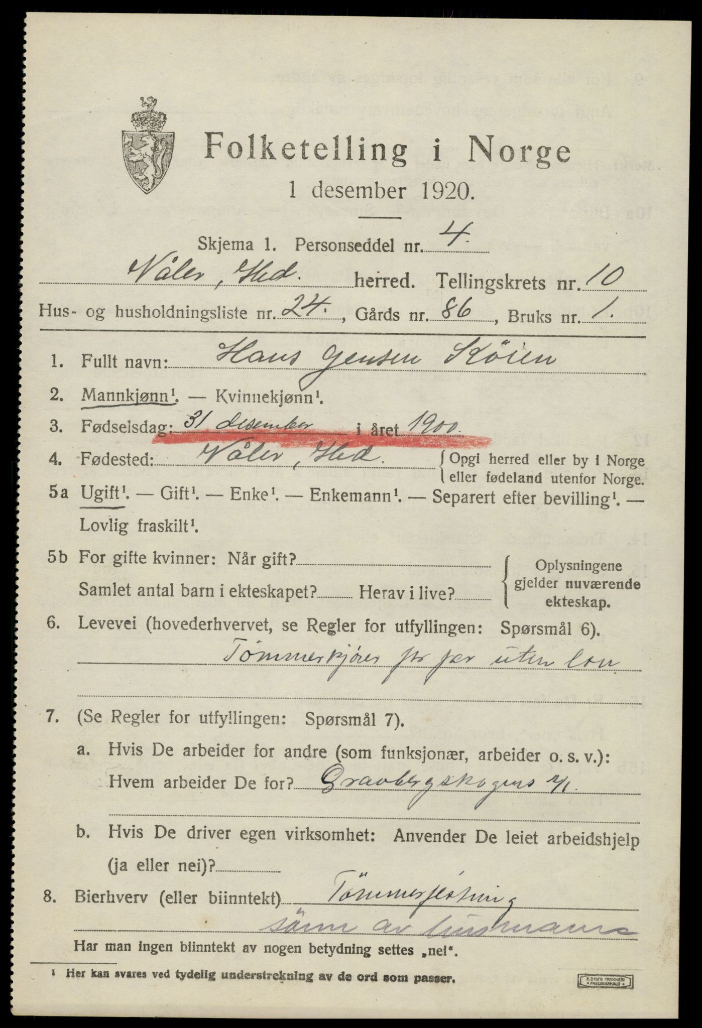 SAH, 1920 census for Våler (Hedmark), 1920, p. 10171