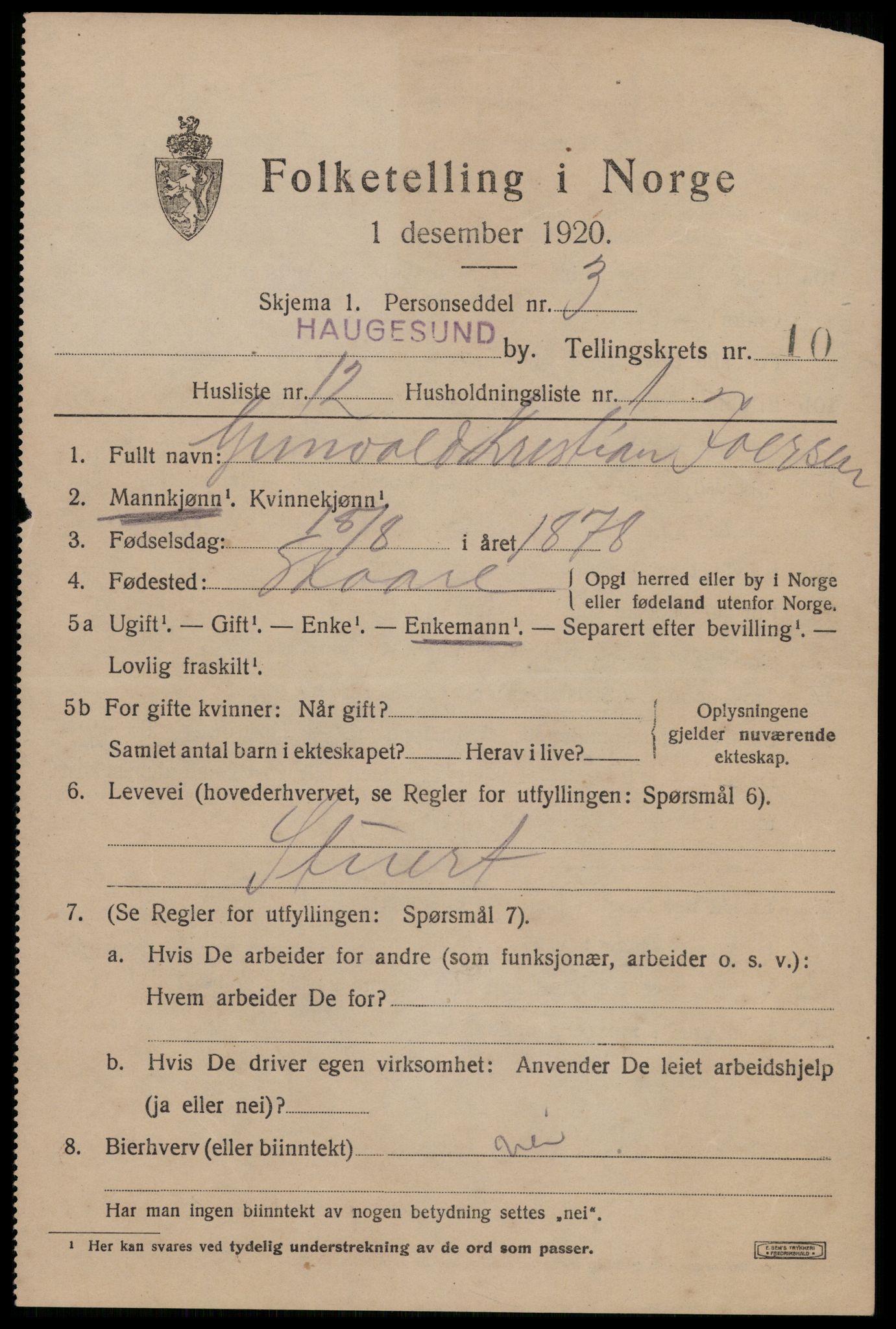 SAST, 1920 census for Haugesund, 1920, p. 33887