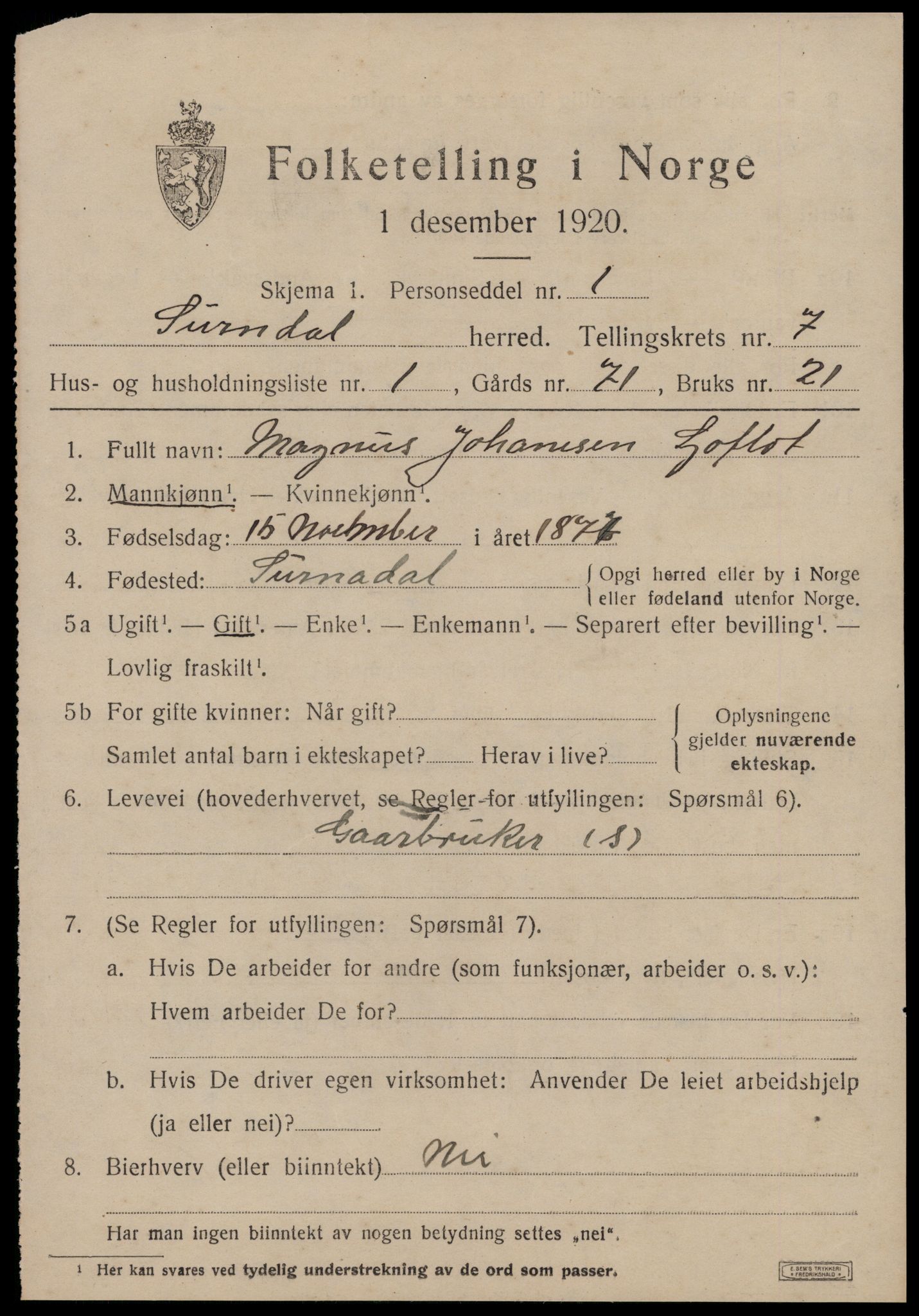 SAT, 1920 census for Surnadal, 1920, p. 4945