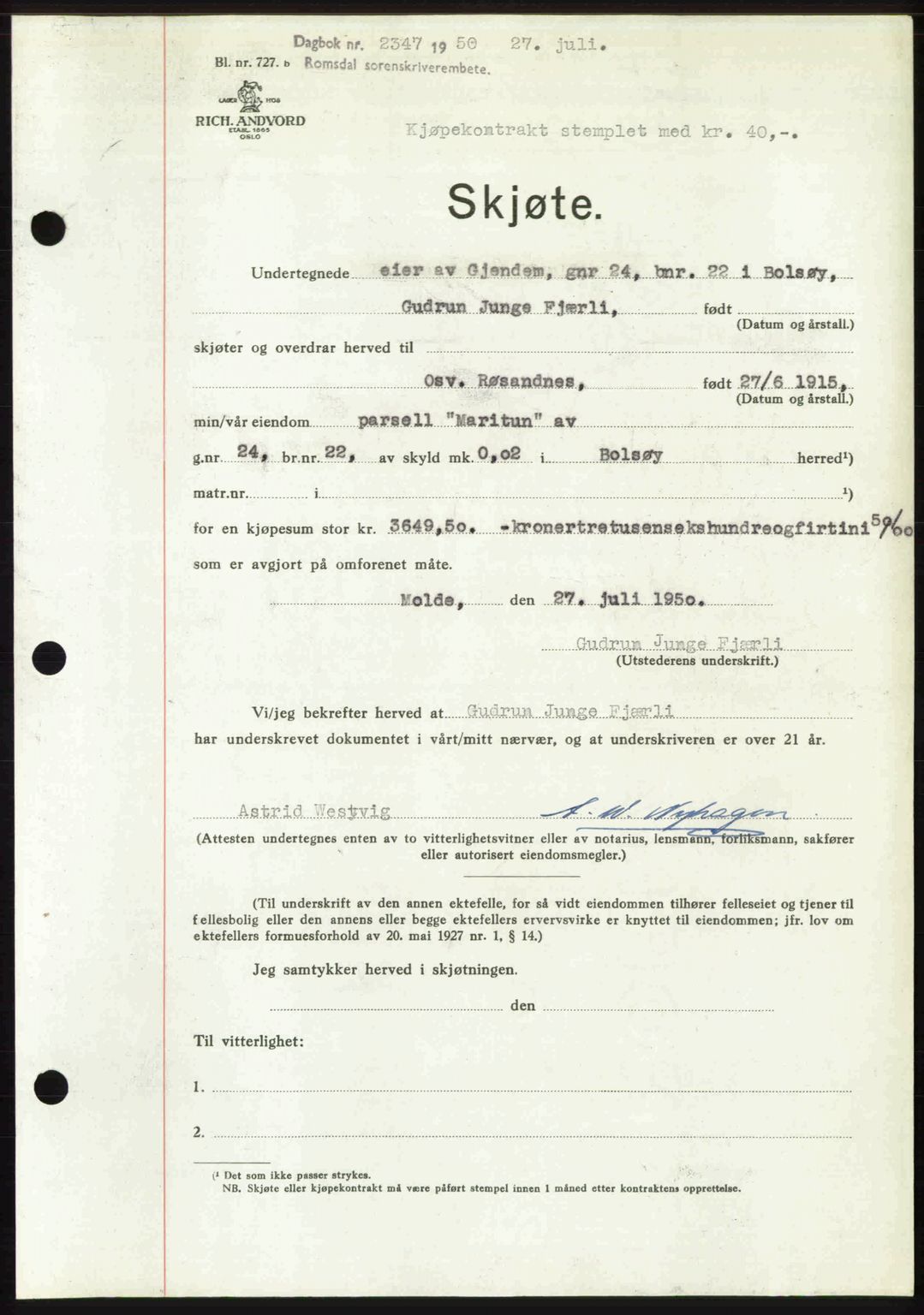 Romsdal sorenskriveri, AV/SAT-A-4149/1/2/2C: Mortgage book no. A34, 1950-1950, Diary no: : 2347/1950