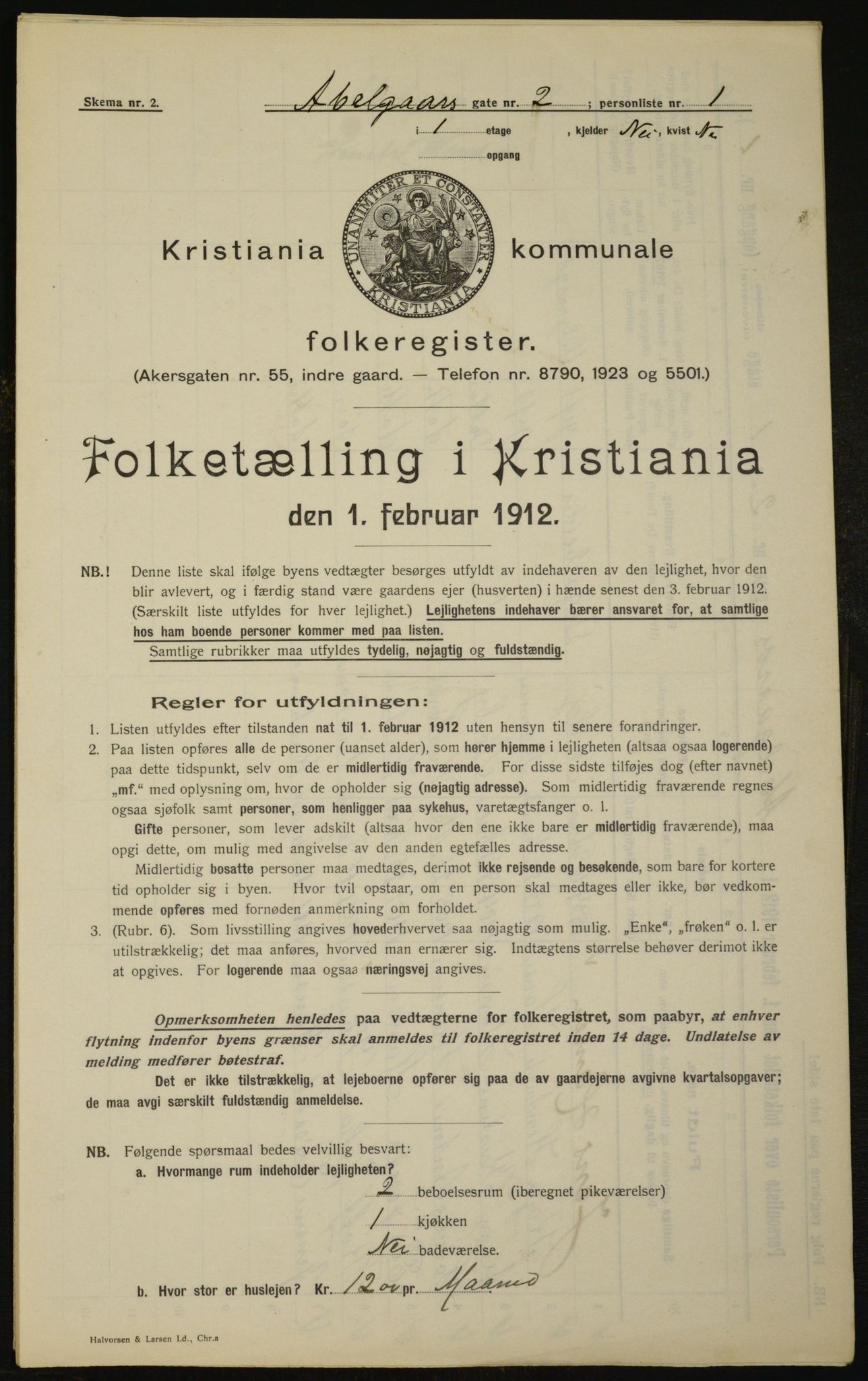 OBA, Municipal Census 1912 for Kristiania, 1912, p. 5