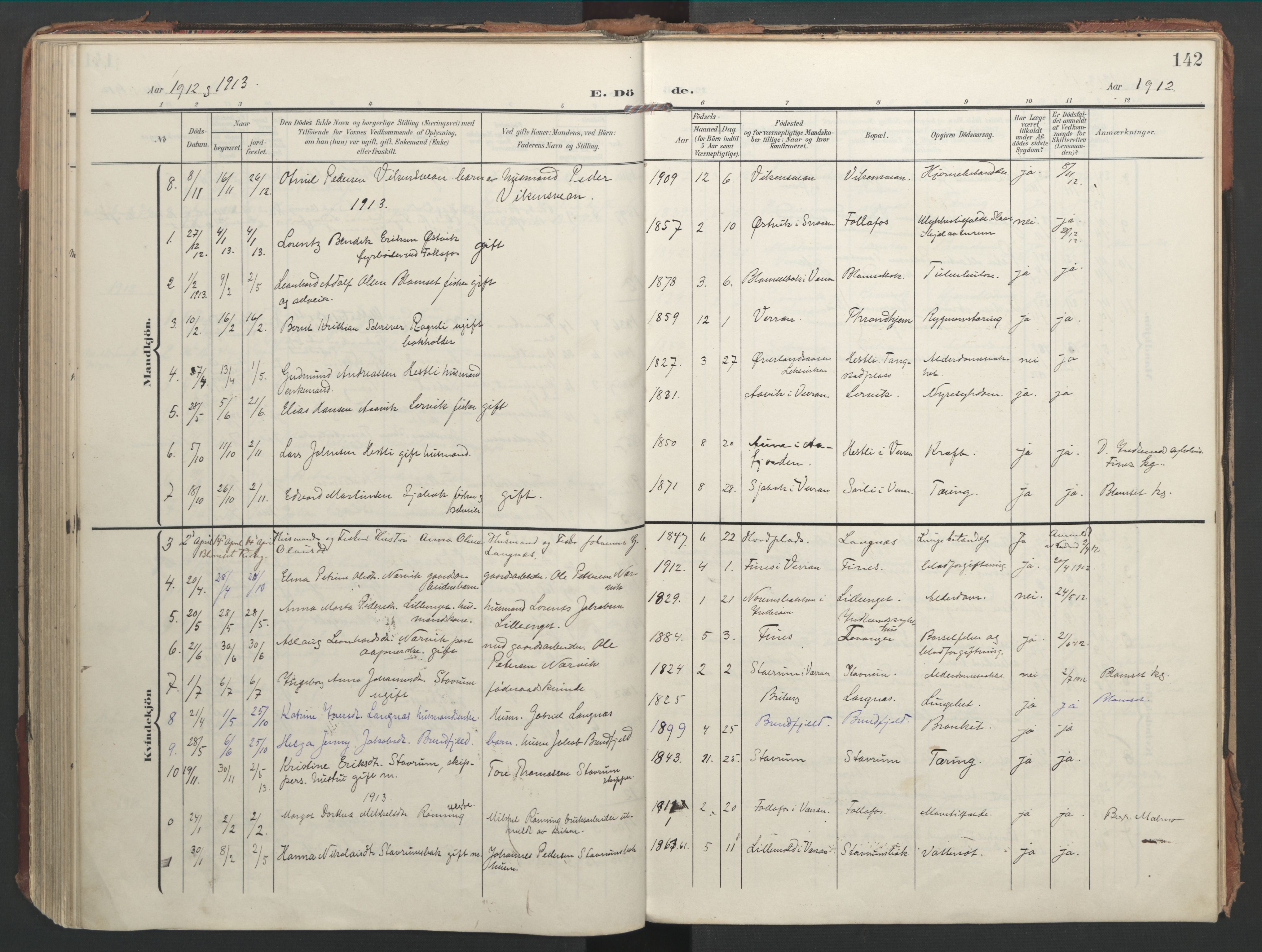 Ministerialprotokoller, klokkerbøker og fødselsregistre - Nord-Trøndelag, SAT/A-1458/744/L0421: Parish register (official) no. 744A05, 1905-1930, p. 142