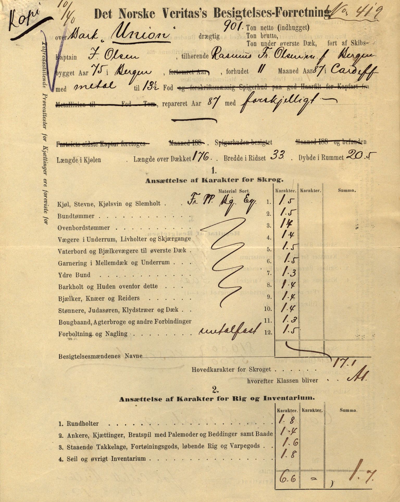 Pa 63 - Østlandske skibsassuranceforening, VEMU/A-1079/G/Ga/L0030/0008: Havaridokumenter / Skjoldmoen, Dalerne, Union, 1894, p. 147