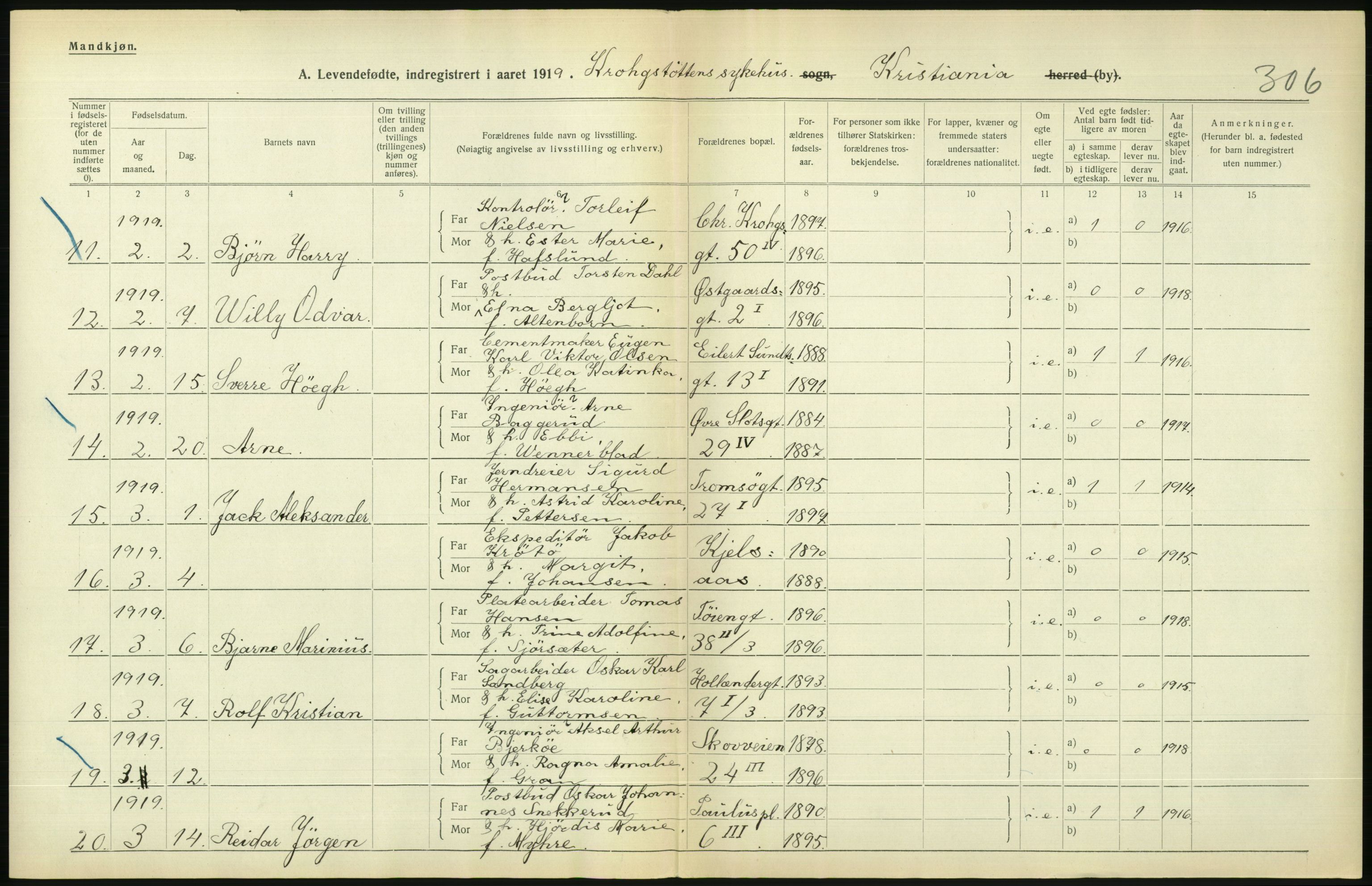 Statistisk sentralbyrå, Sosiodemografiske emner, Befolkning, AV/RA-S-2228/D/Df/Dfb/Dfbi/L0008: Kristiania: Levendefødte menn og kvinner., 1919