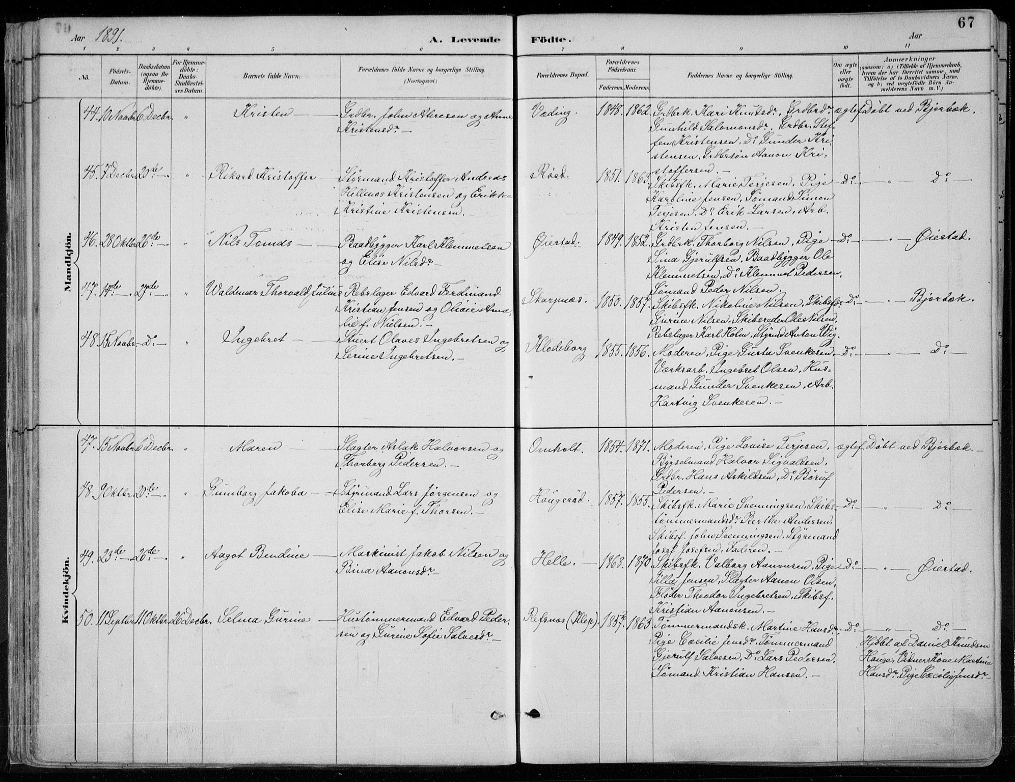 Øyestad sokneprestkontor, SAK/1111-0049/F/Fa/L0017: Parish register (official) no. A 17, 1887-1896, p. 67