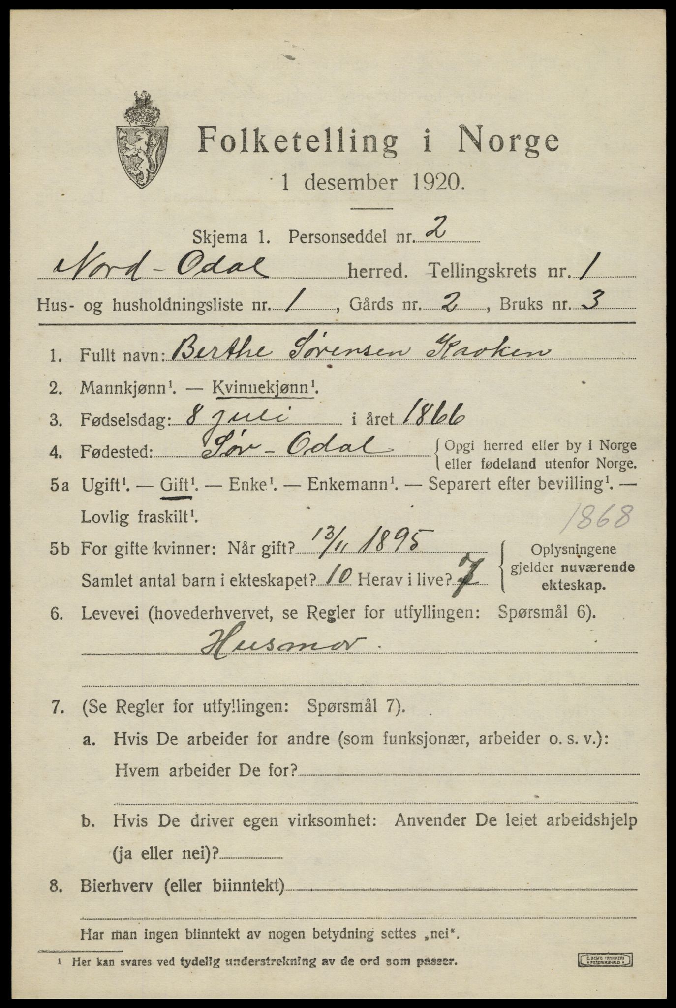 SAH, 1920 census for Nord-Odal, 1920, p. 1801