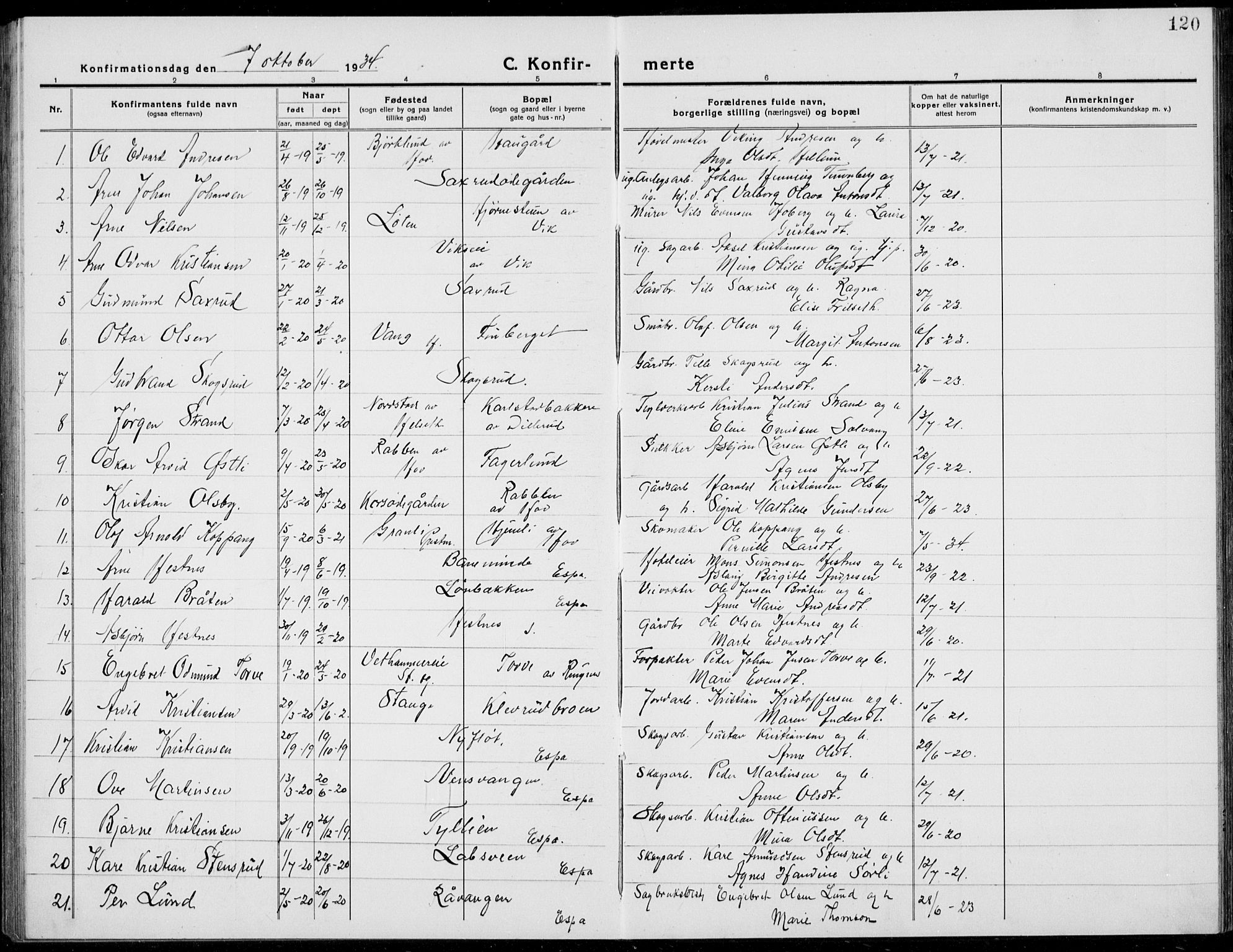 Stange prestekontor, AV/SAH-PREST-002/L/L0017: Parish register (copy) no. 17, 1918-1936, p. 120