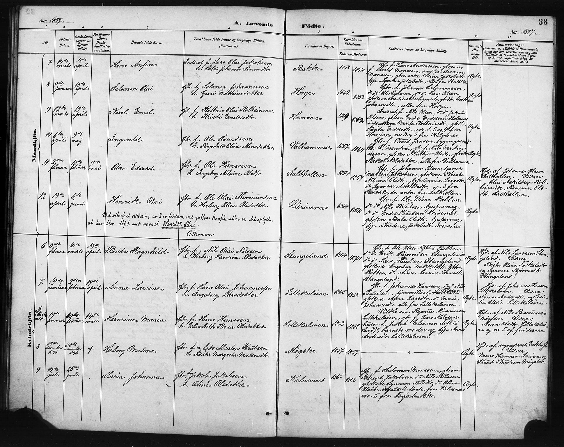 Austevoll Sokneprestembete, SAB/A-74201/H/Hab: Parish register (copy) no. B 4, 1889-1901, p. 33