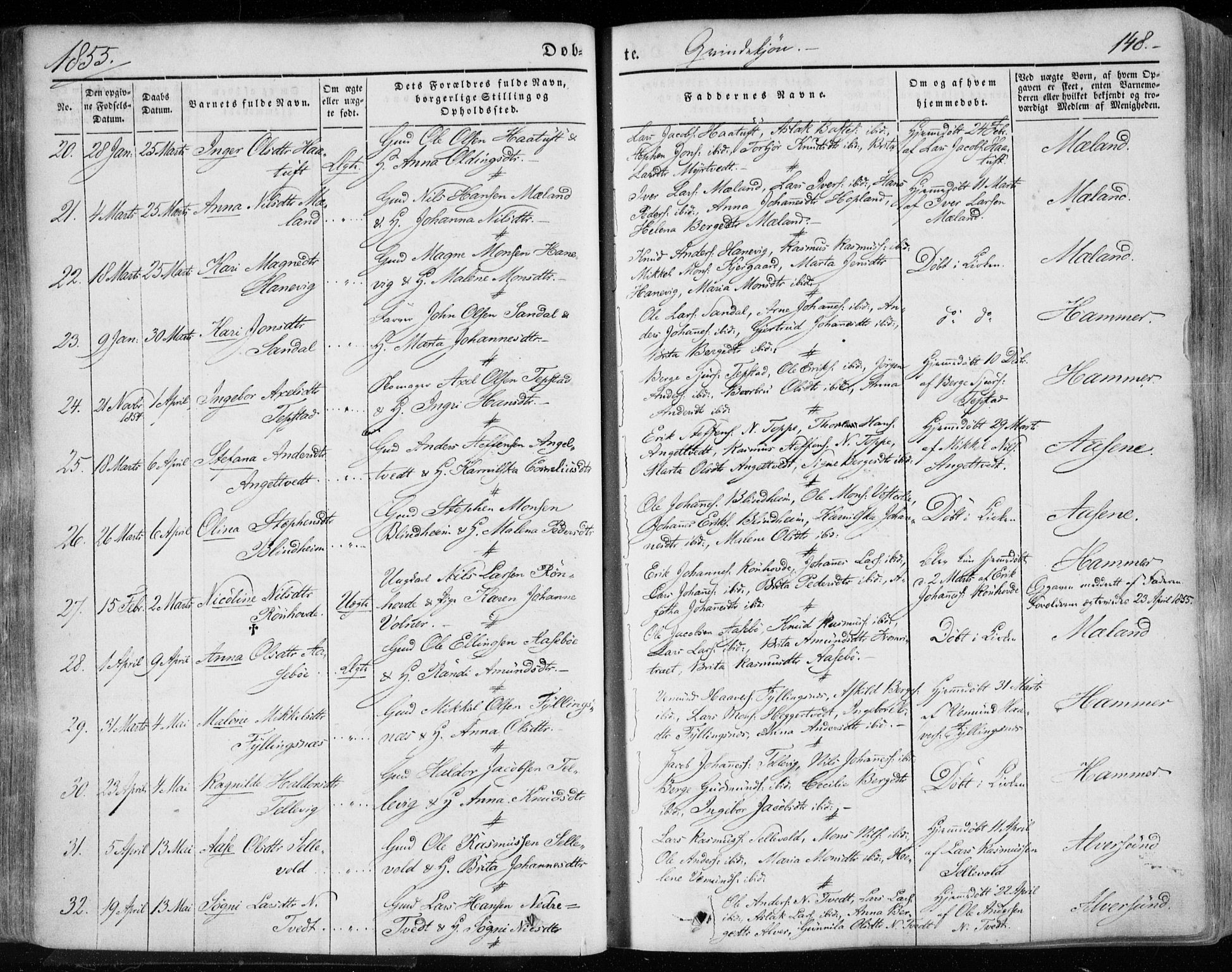 Hamre sokneprestembete, AV/SAB-A-75501/H/Ha/Haa/Haaa/L0013: Parish register (official) no. A 13, 1846-1857, p. 148