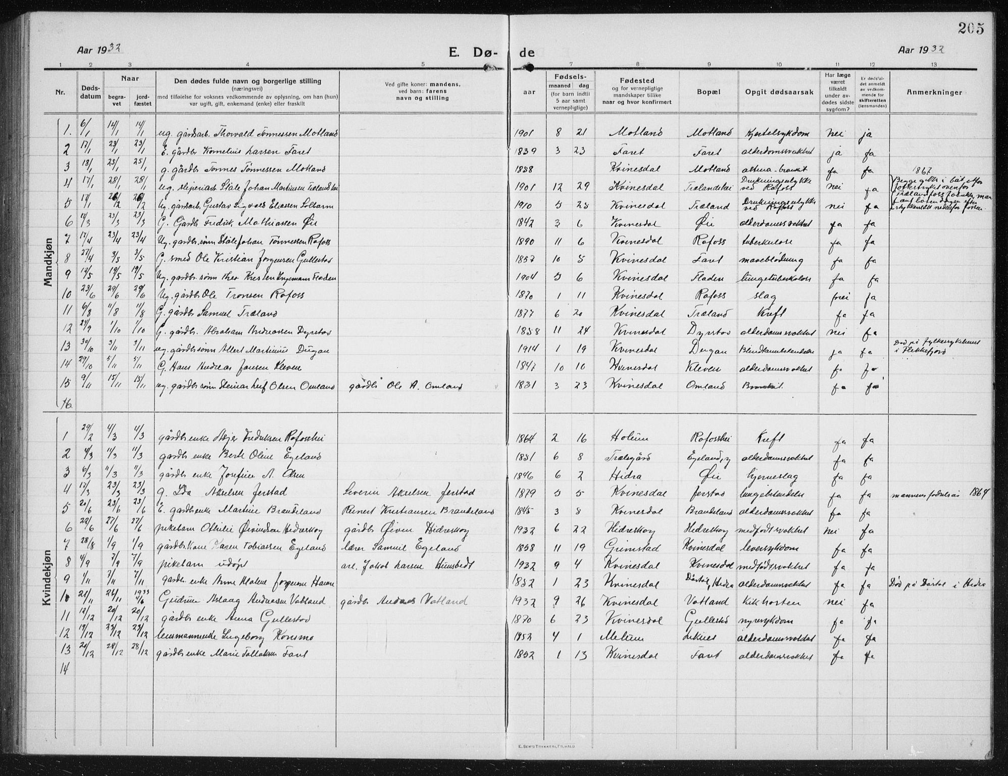 Kvinesdal sokneprestkontor, SAK/1111-0026/F/Fb/Fbb/L0004: Parish register (copy) no. B 4, 1917-1938, p. 205