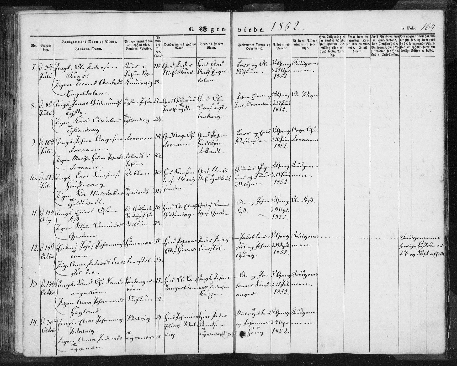 Hjelmeland sokneprestkontor, AV/SAST-A-101843/01/IV/L0009: Parish register (official) no. A 9, 1846-1860, p. 164