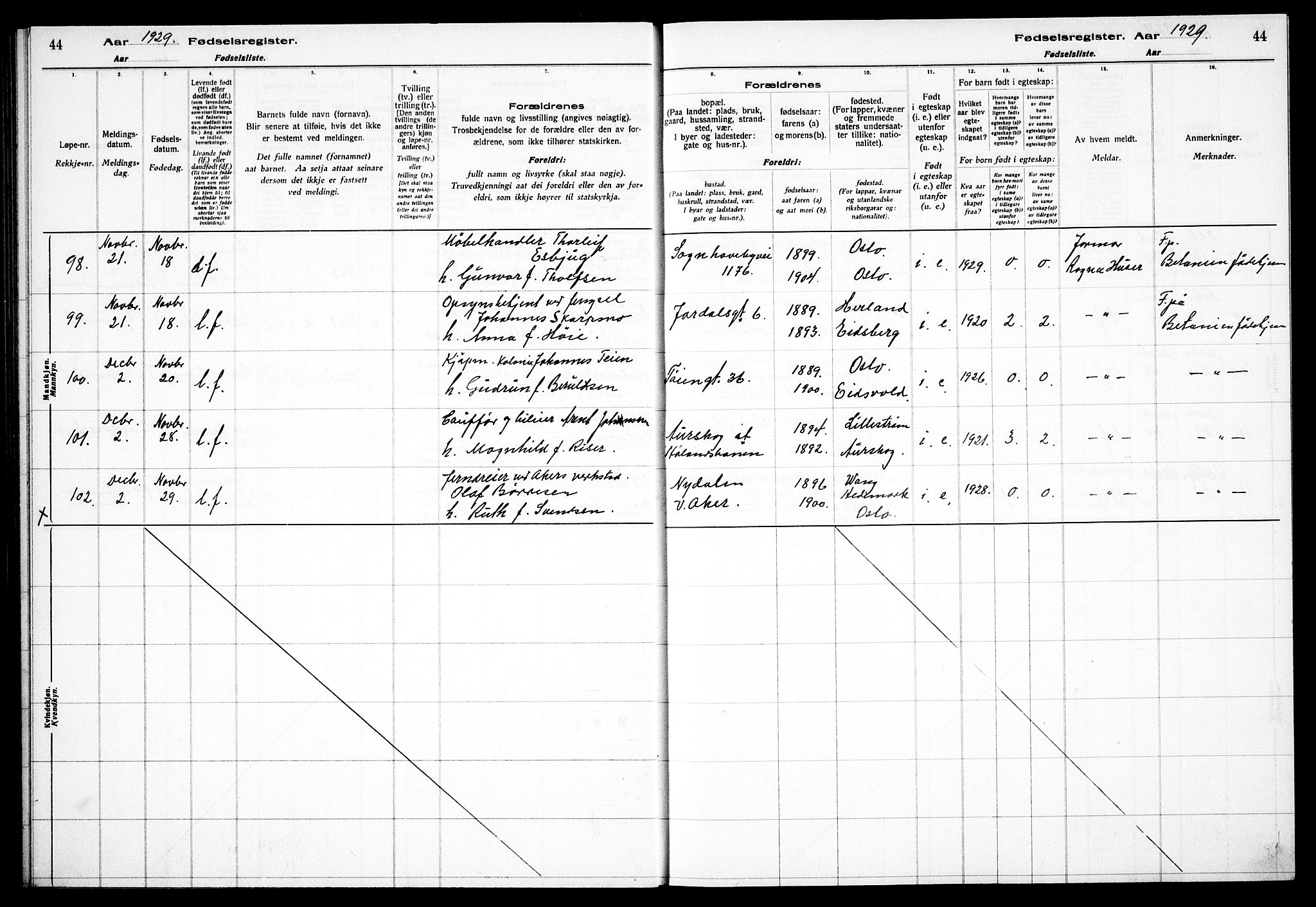 Gamle Aker prestekontor Kirkebøker, AV/SAO-A-10617a/J/L0002: Birth register no. 2, 1927-1935, p. 44