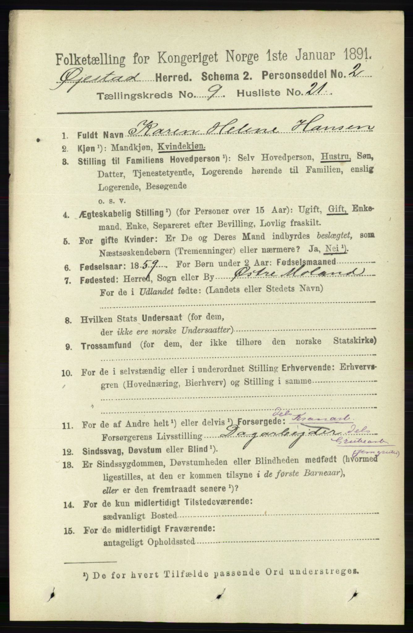 RA, 1891 census for 0920 Øyestad, 1891, p. 3664